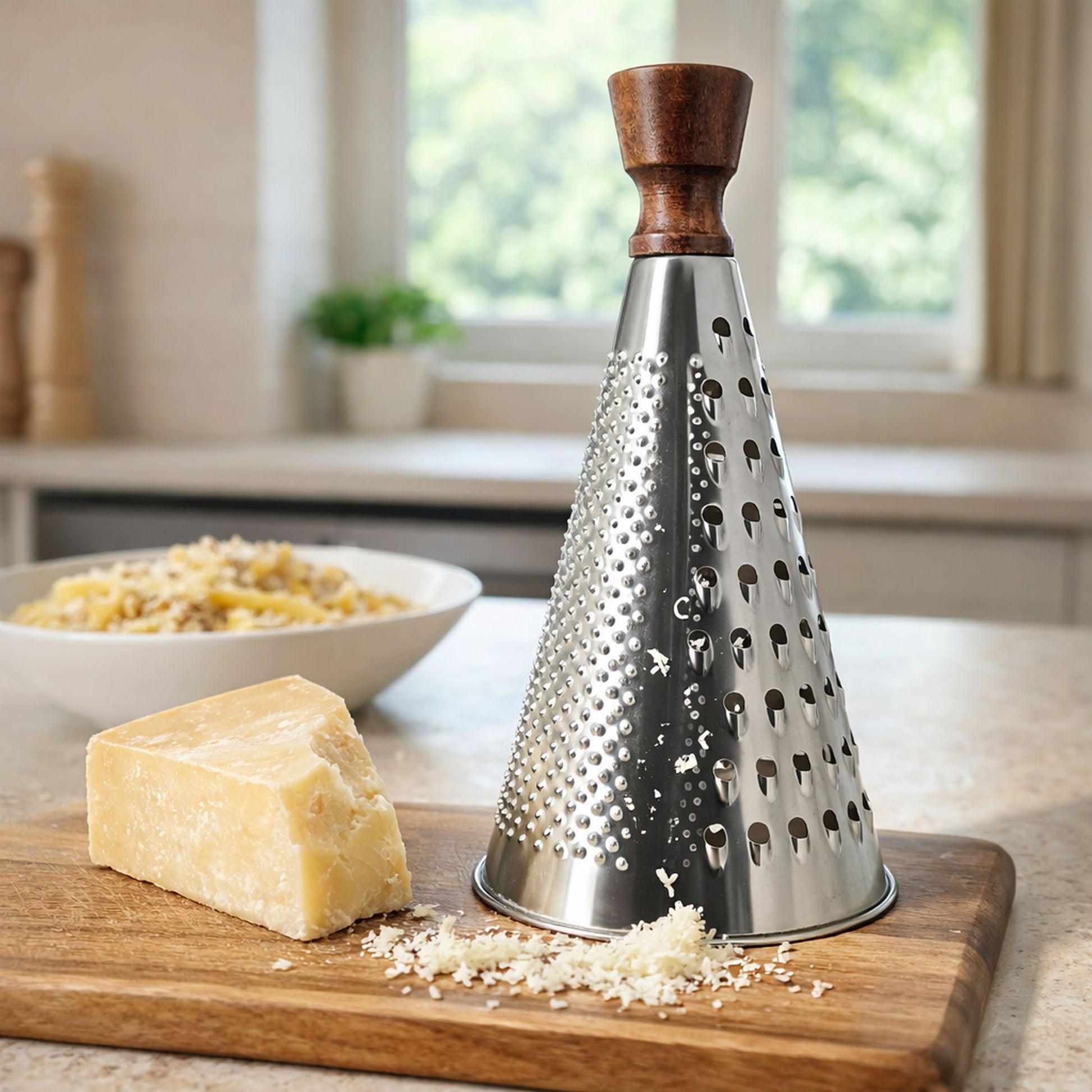Râpe à fromage conique en inox avec manche bois, posée sur planche avec parmesan râpé