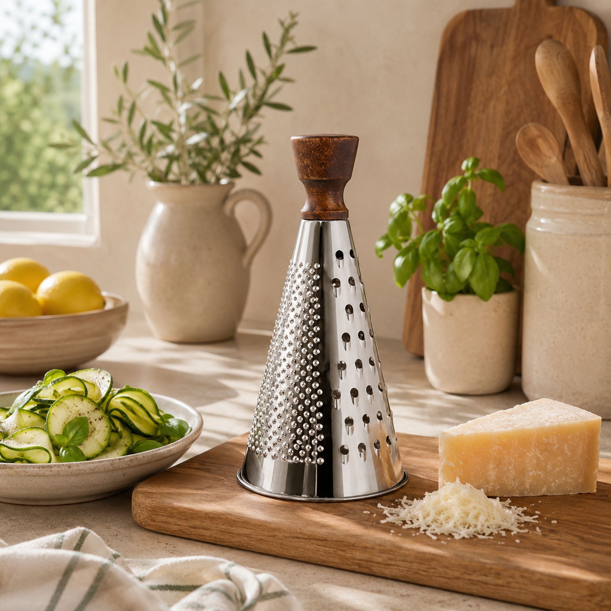 Râpe à fromage conique en inox avec manche bois, posée sur planche avec parmesan râpé et légumes