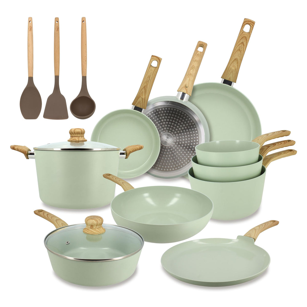 Set Colorama 13 pièces Menastyl en aluminium vert céladon avec manches bois, vue d'ensemble complète