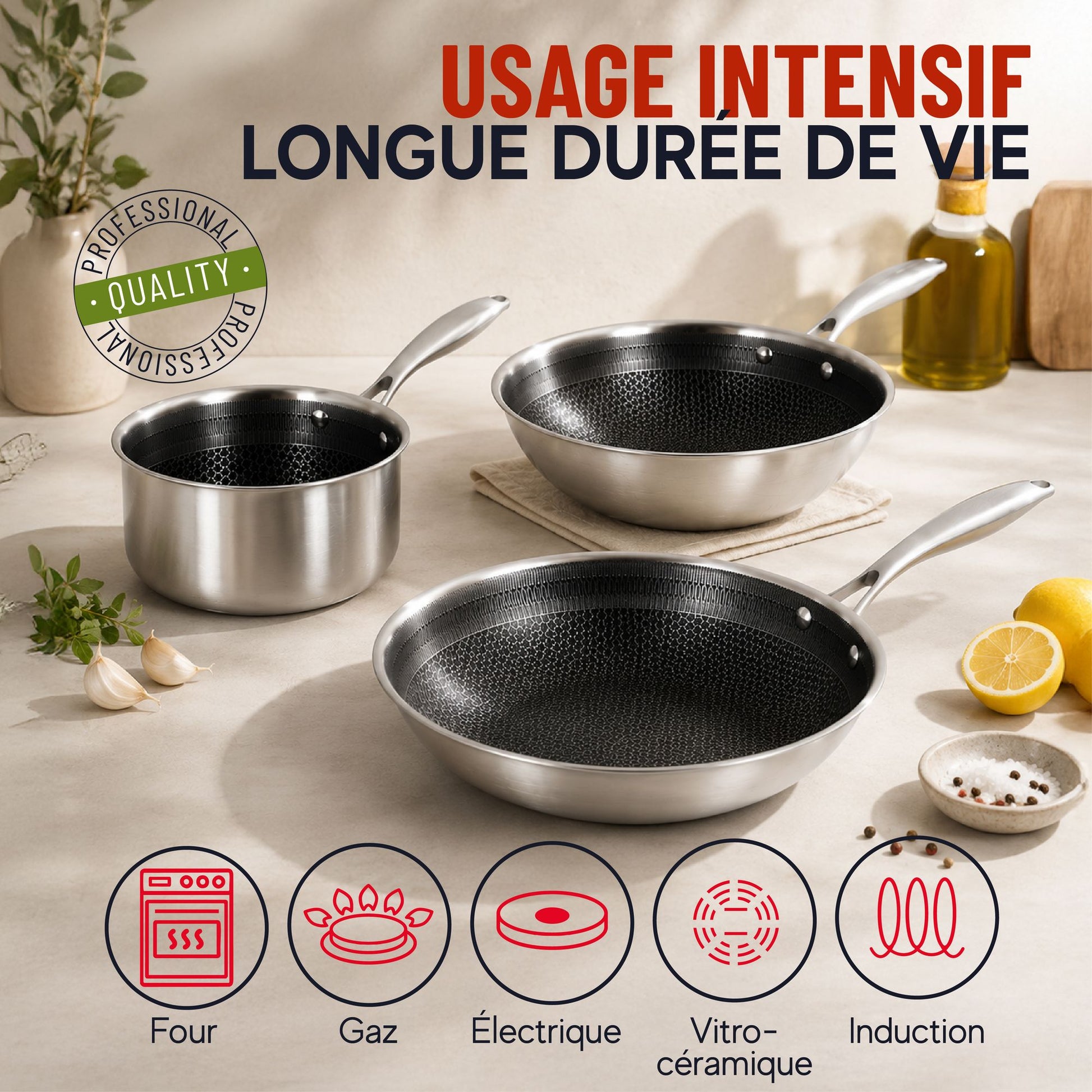 Lot de 3 poêles Trinox en inox avec revêtement antiadhésif noir, compatibles tous feux dont induction
