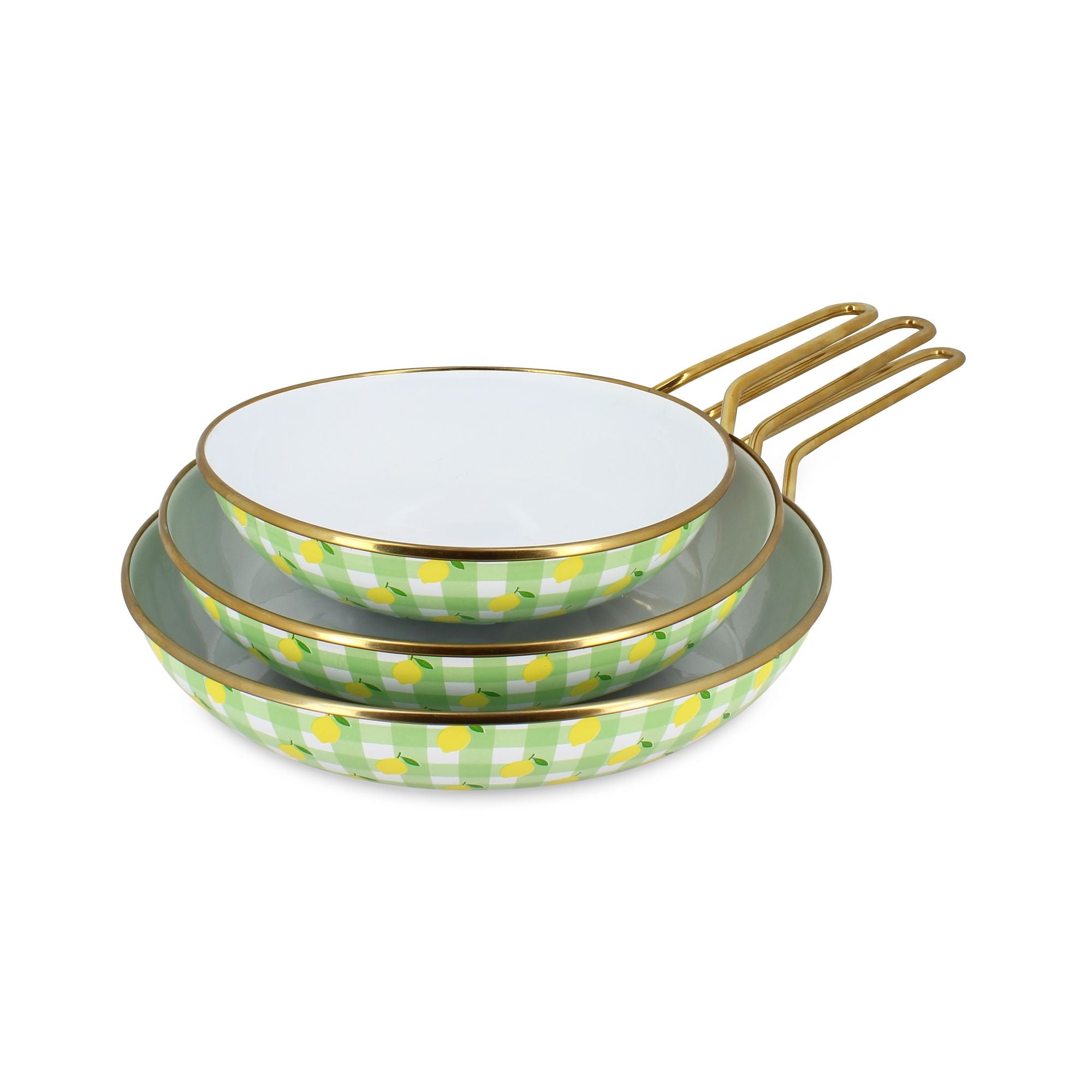 Lot de 3 poêles Vichy Citron Menastyl en acier émaillé motif carreaux verts et citrons jaunes empilées