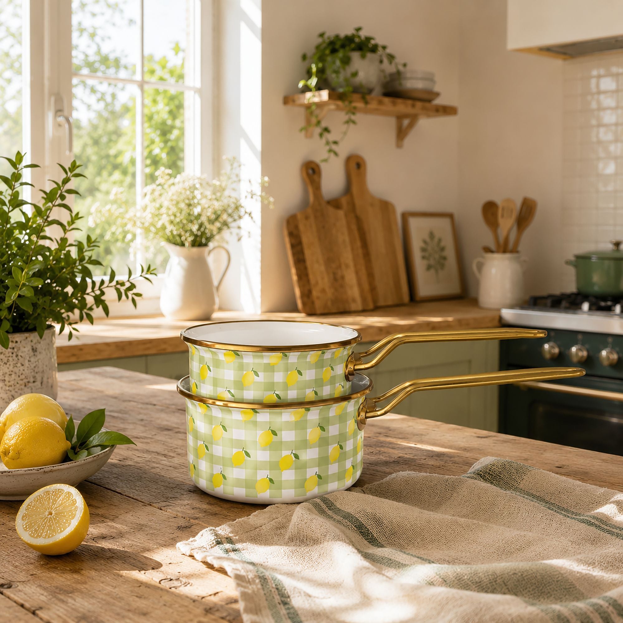Lot de 2 casseroles Vichy Citron en acier émaillé à motif vichy et citrons, anses dorées, sur plan de travail bois clair