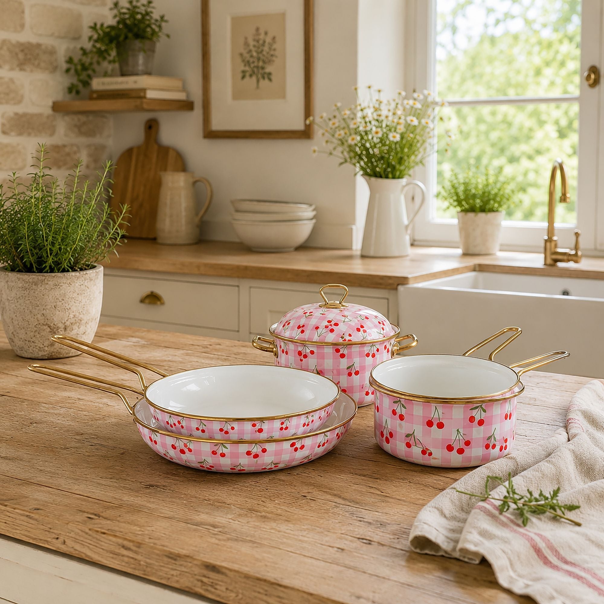 Set de 5 pièces Vichy Cerise en acier émaillé rose à motif cerises et vichy, posé sur table en bois dans cuisine campagne