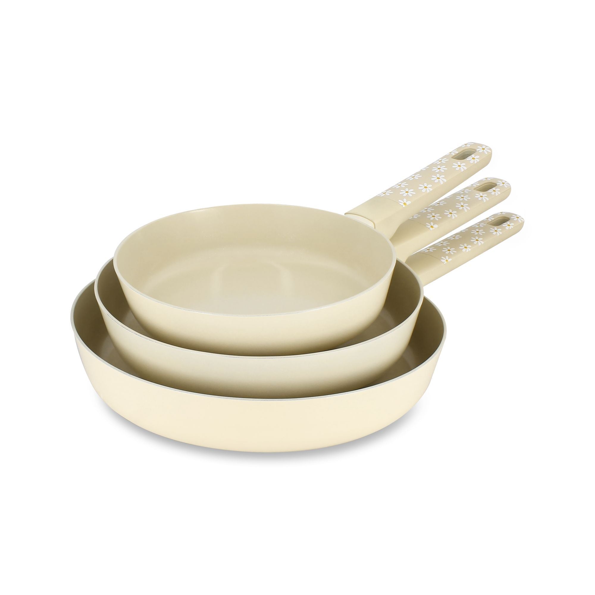 Lot de 3 poêles Marguerite Menastyl en aluminium beige empilées, vue trois-quarts avec poignées décoratives