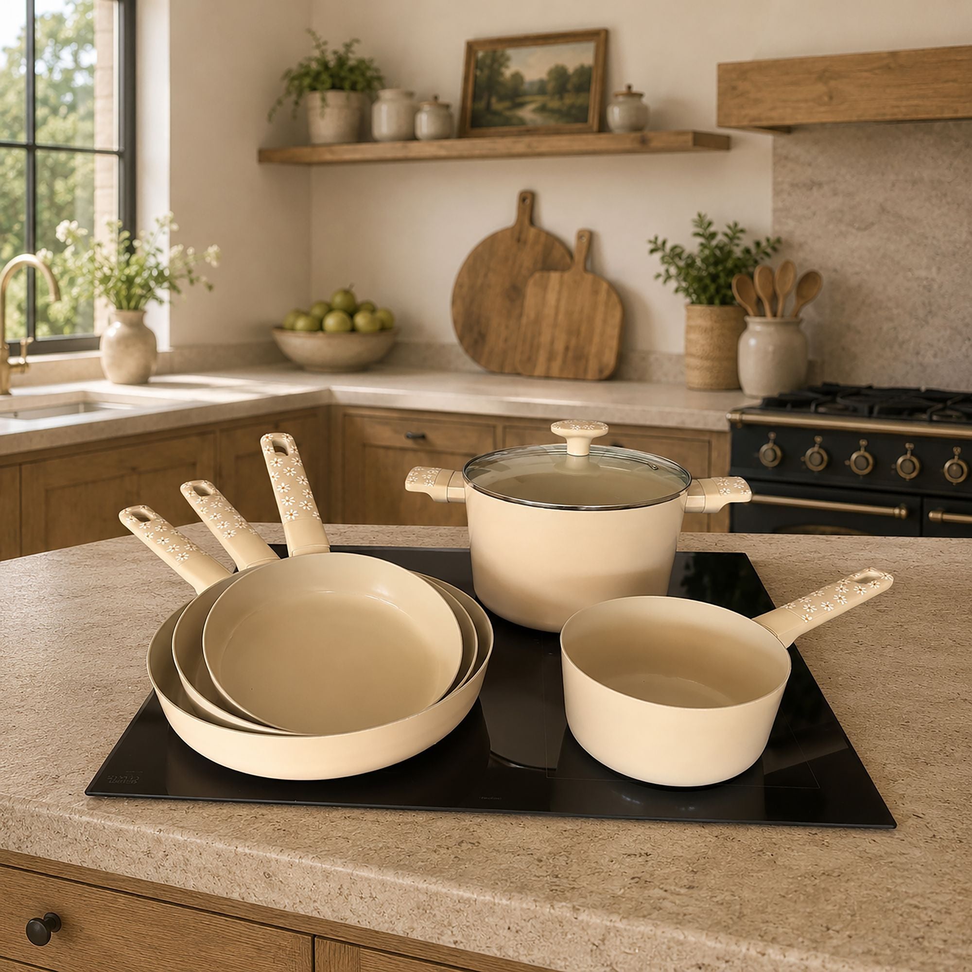 Lot de 5 pièces Marguerite en aluminium beige crème disposé sur plaque induction dans cuisine moderne rustique
