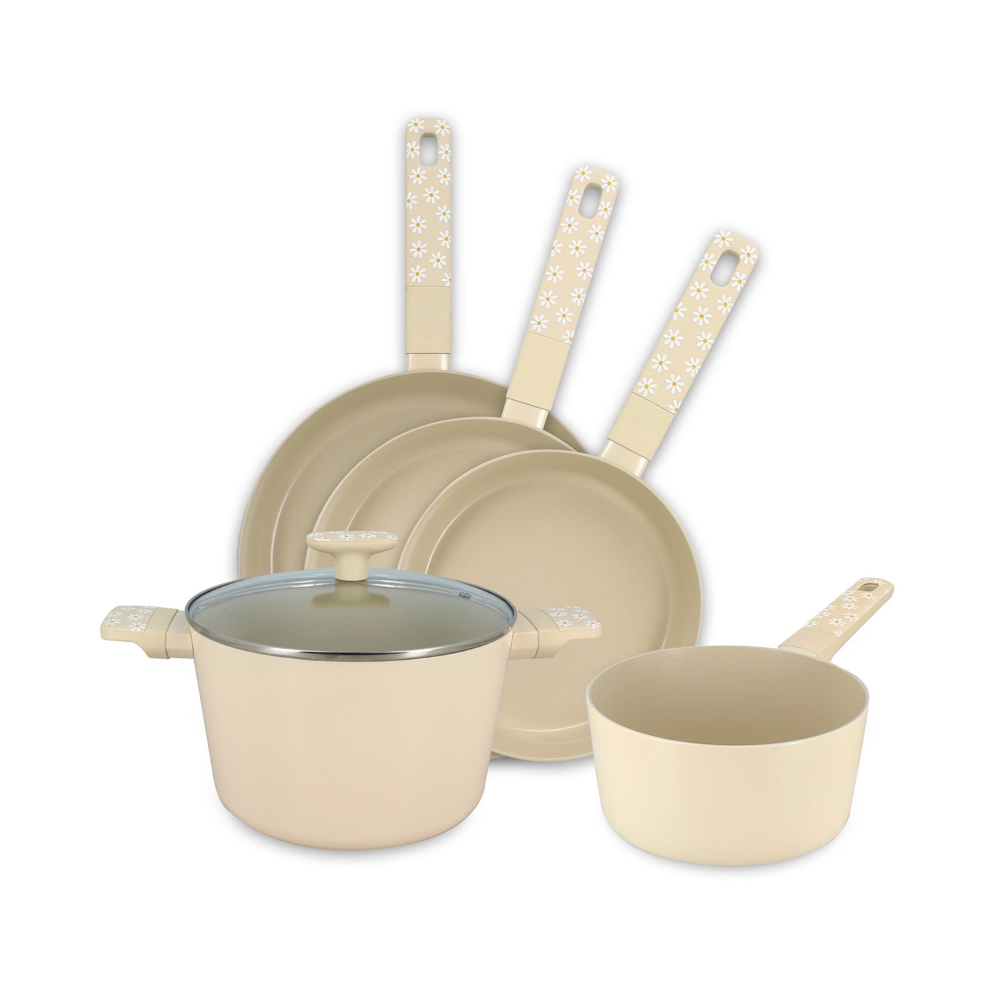 Lot de 5 pièces Marguerite Menastyl en aluminium beige, 3 poêles 1 casserole et 1 sauteuse avec décor floral