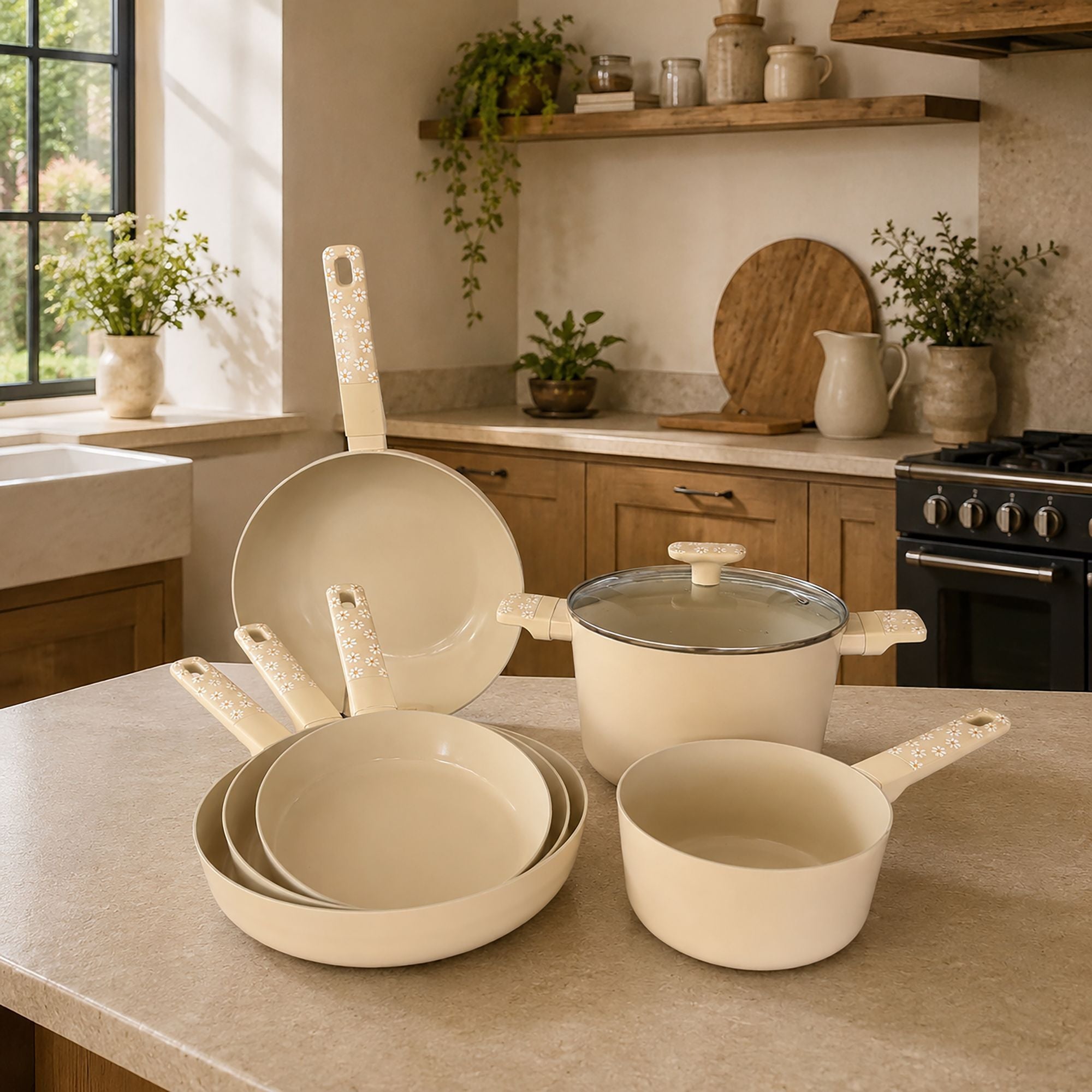 Lot de 6 pièces Marguerite en aluminium beige disposé sur plan de travail, cuisine rustique en arrière-plan
