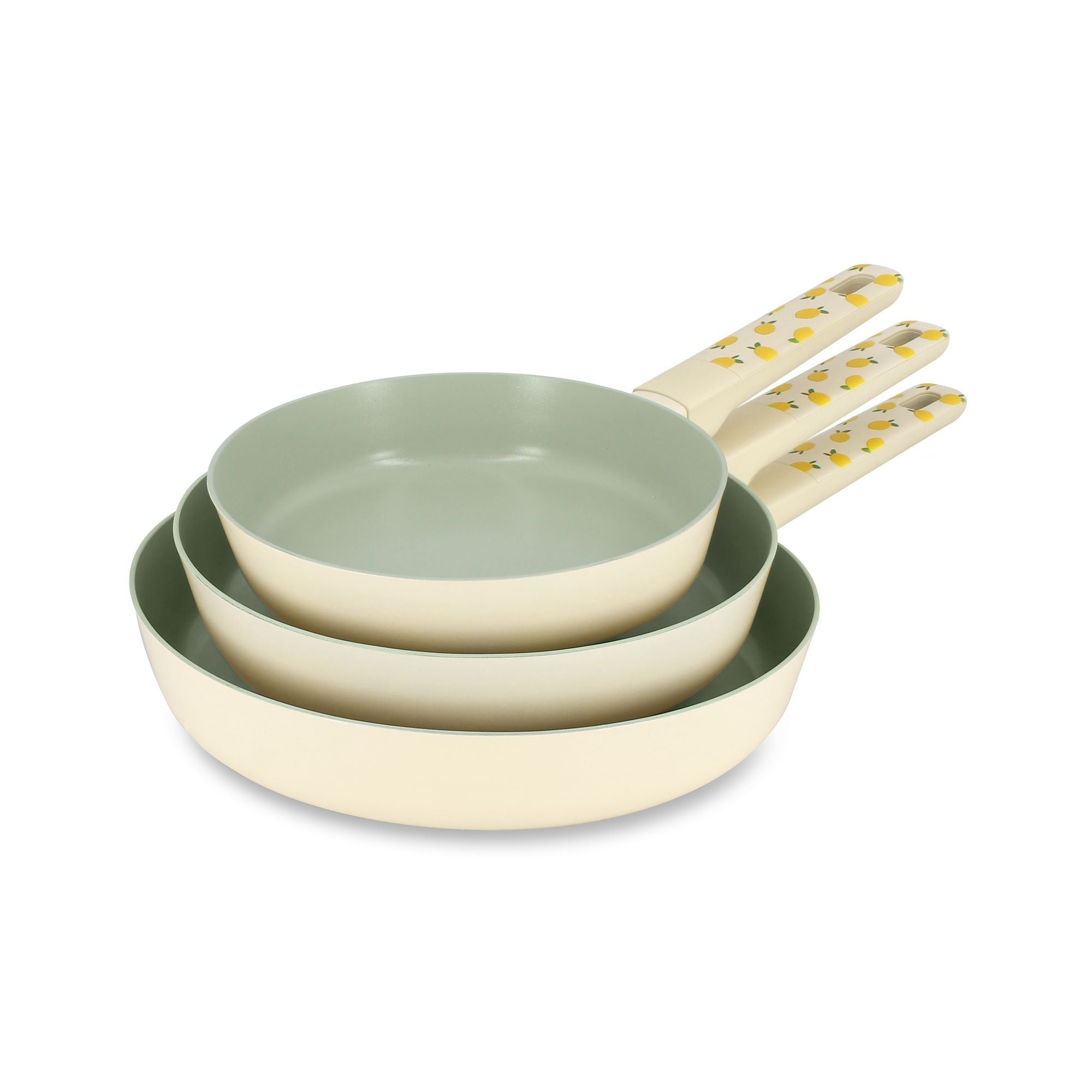 Lot de 3 poêles aluminium Citron Menastyl empilées, intérieur vert sauge, manches motif citrons jaunes