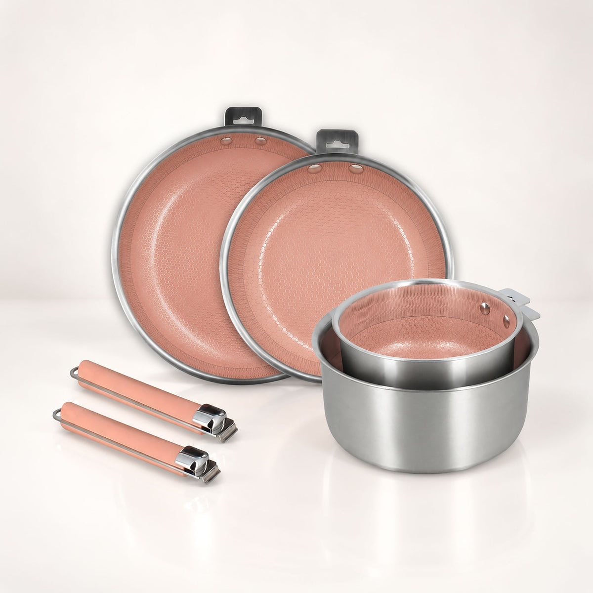 Lot 6 pièces Aglaé acier inoxydable avec 2 poêles, casseroles empilables et poignées amovibles rose gold