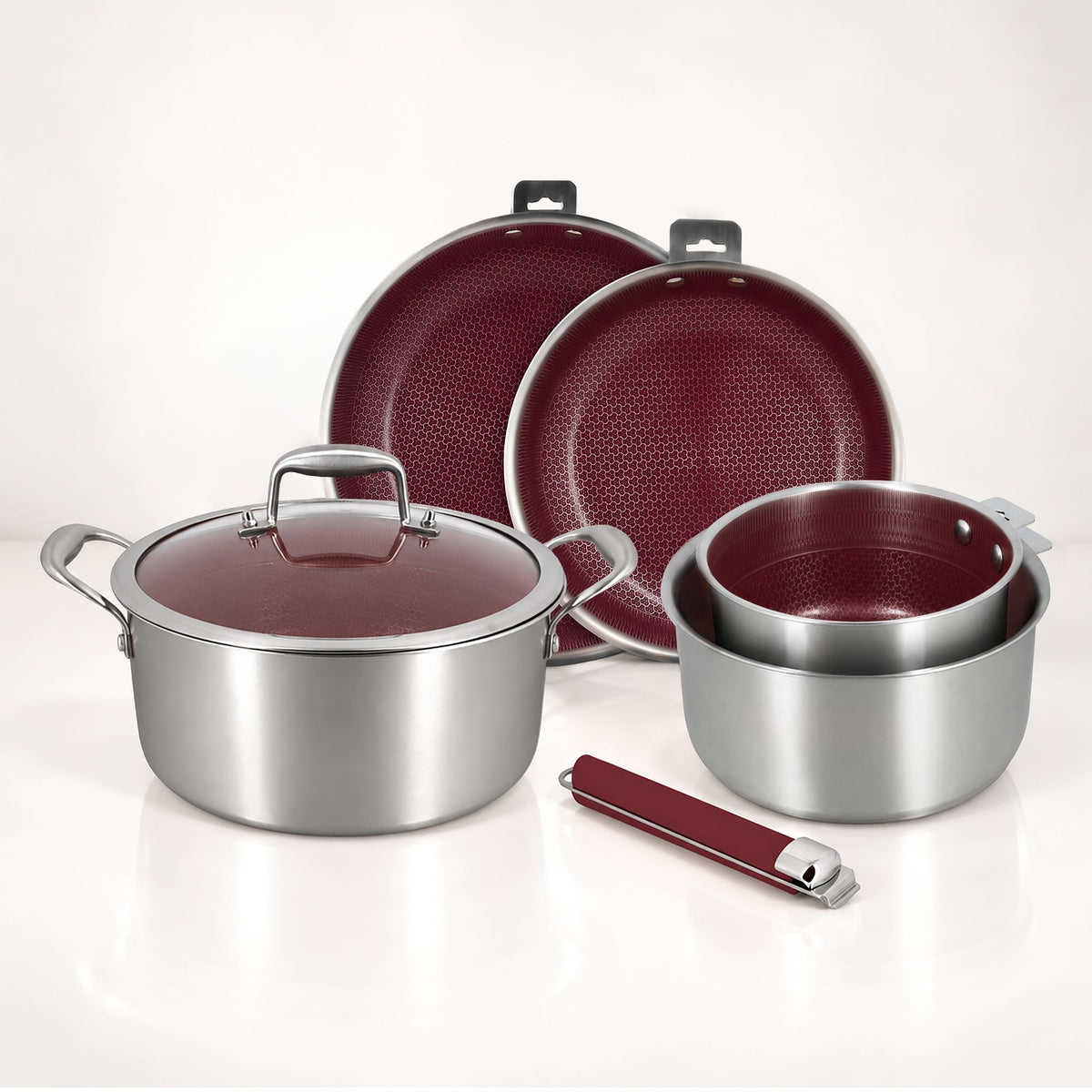 Ensemble de 6 pièces de cuisine Aglaé en acier inoxydable avec intérieur bordeaux antiadhésif, comprenant casseroles, faitout et poêles