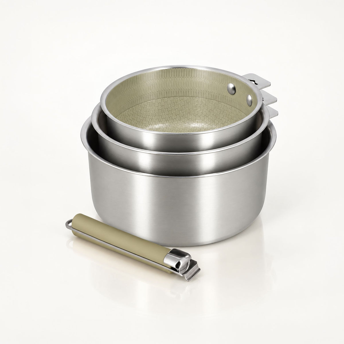 Lot de 3 casseroles Aglaé en acier inoxydable empilables avec manche amovible et accessoire de fixation