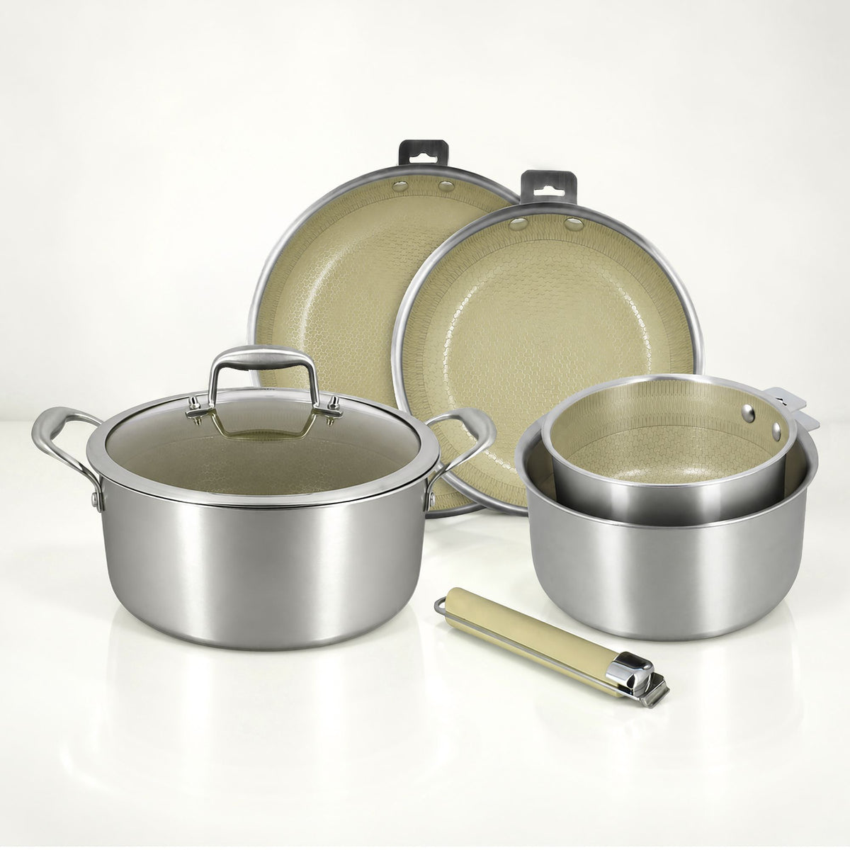 Lot complet 6 pièces Aglaé : 2 casseroles inox, 2 poêles, 1 faitout avec couvercle et poignée amovible
