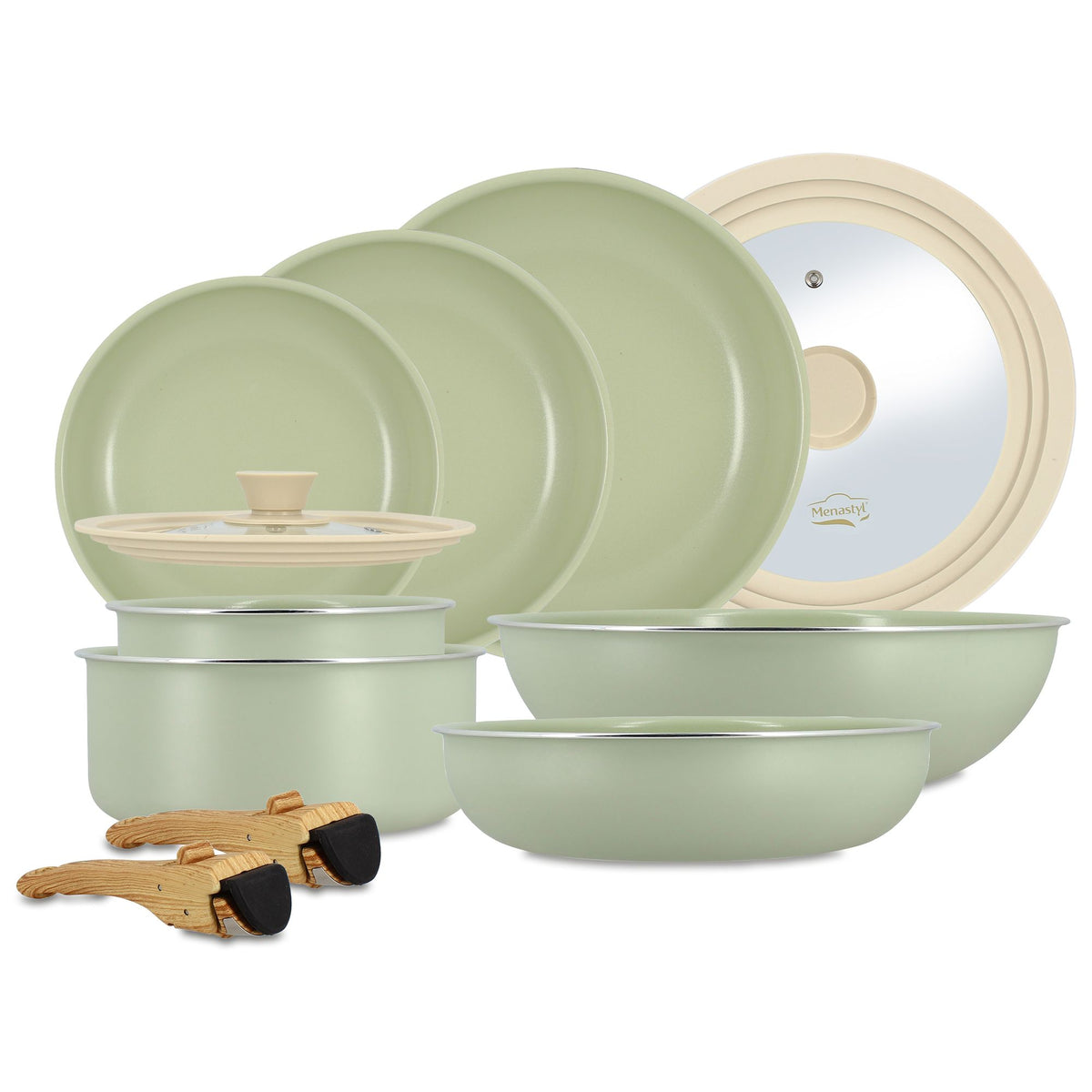 Set de 11 pièces Colorama amovible vert céladon Menastyl avec casseroles, poêles et couvercles sur fond blanc