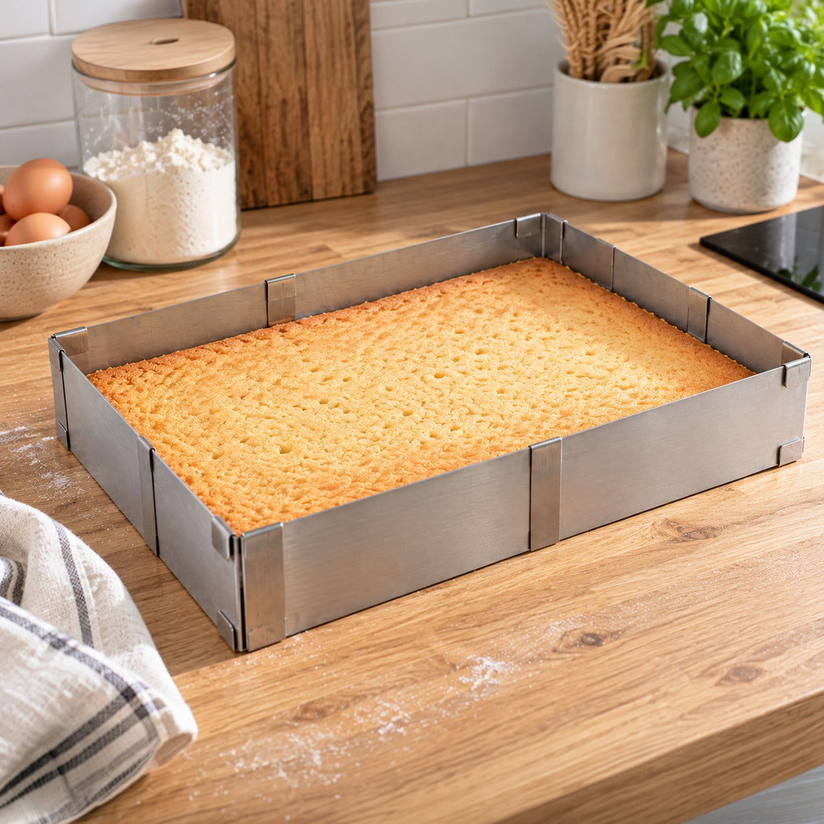 Cadre extensible rectangulaire en acier inoxydable avec gâteau doré, posé sur plan de travail bois de cuisine