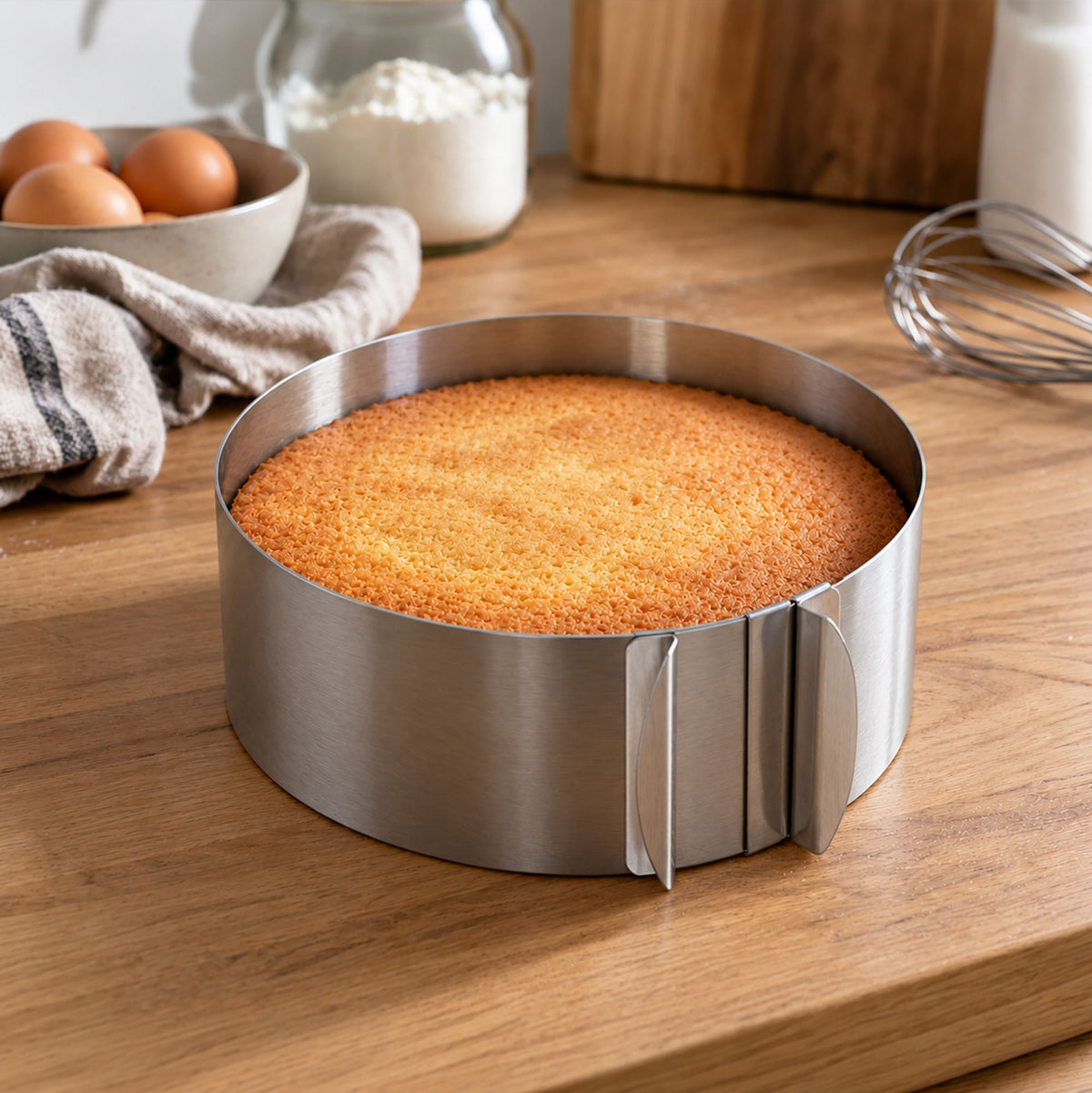 Cadre rond extensible en acier inoxydable avec gâteau doré, posé sur planche en bois avec ingrédients
