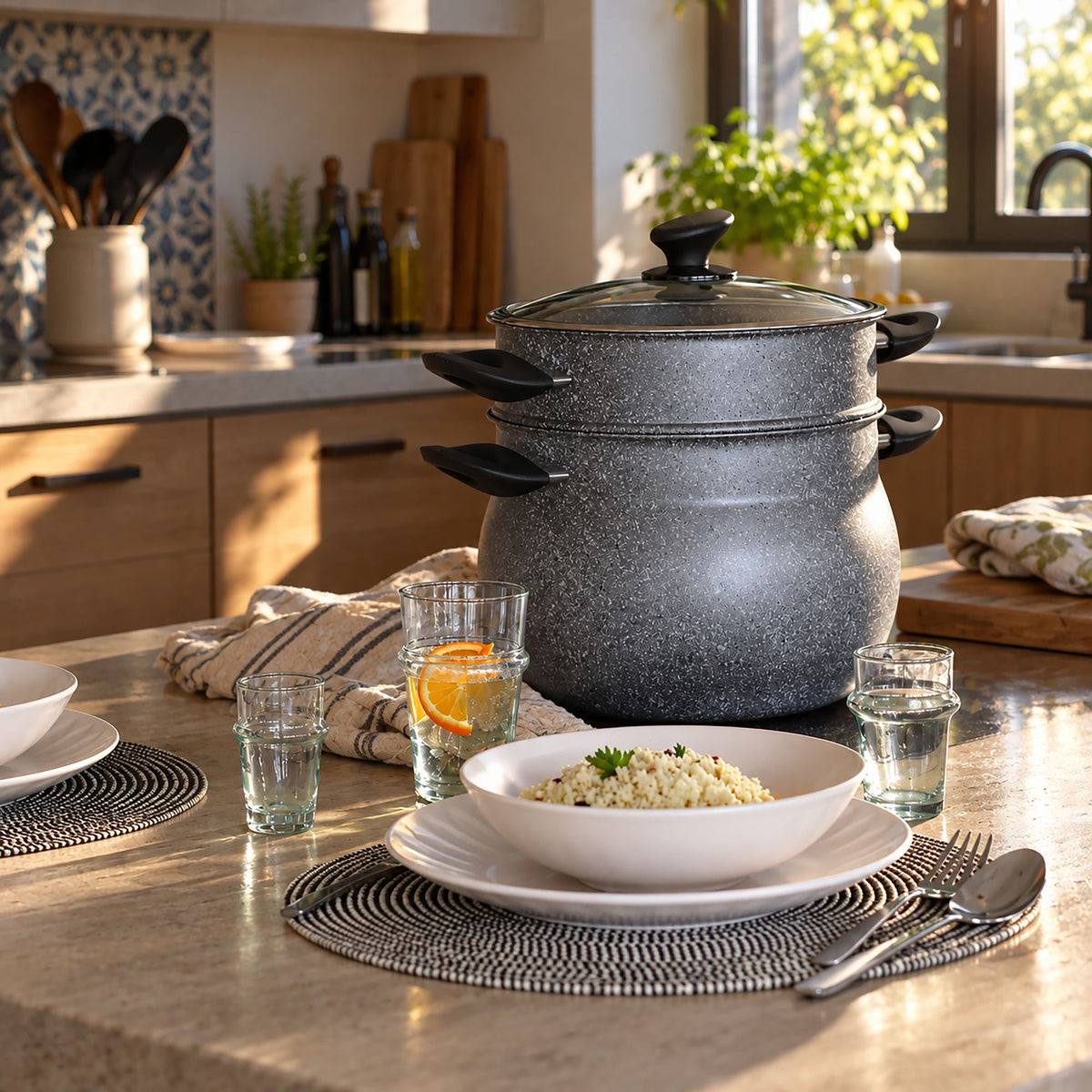 Couscoussier 9L en aluminium gris marbré avec couvercle en verre, dressé sur table avec plat de couscous