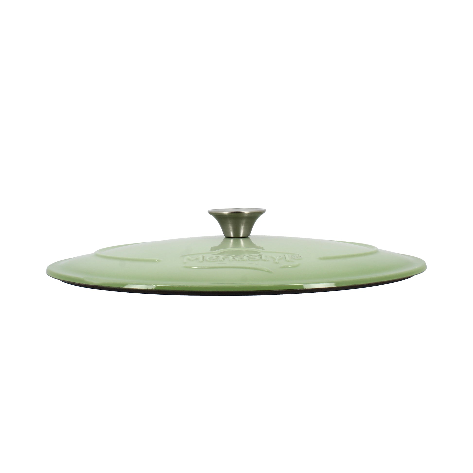 Couvercle en fonte émaillée verte avec bouton inox pour cocotte ovale Colette, vue de profil