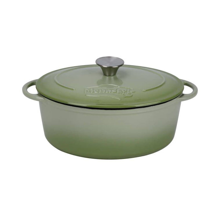 Cocotte ovale Colette 6.5 litres en fonte émaillée verte avec couvercle et poignées Menastyl