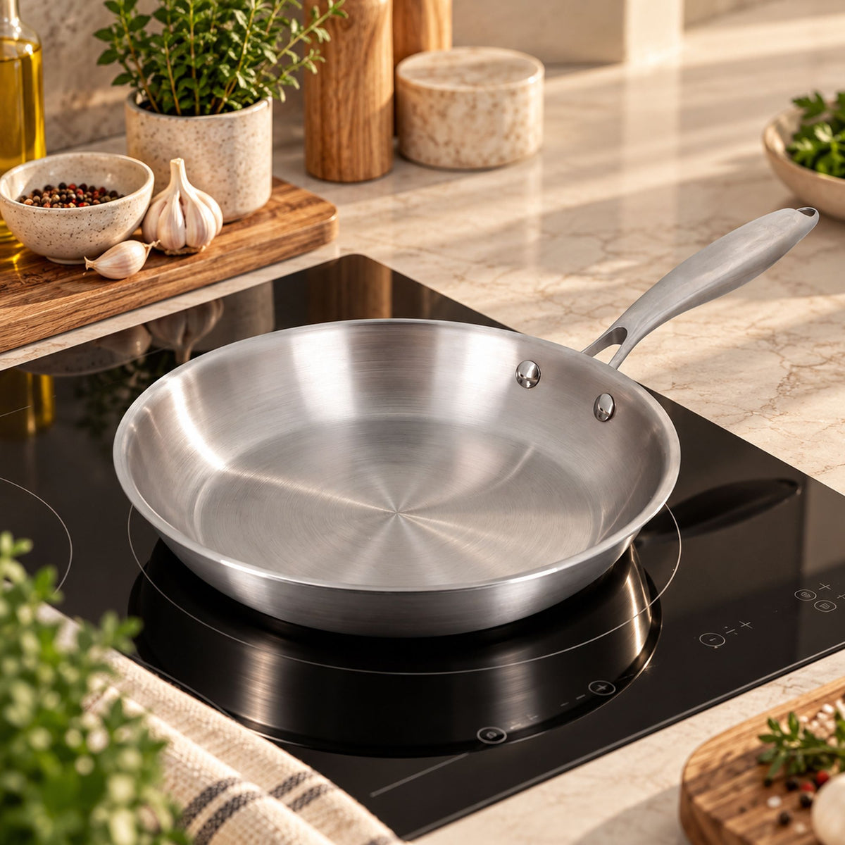 Poêle Trinox inox 30cm posée sur plaque induction dans cuisine moderne avec plan marbre