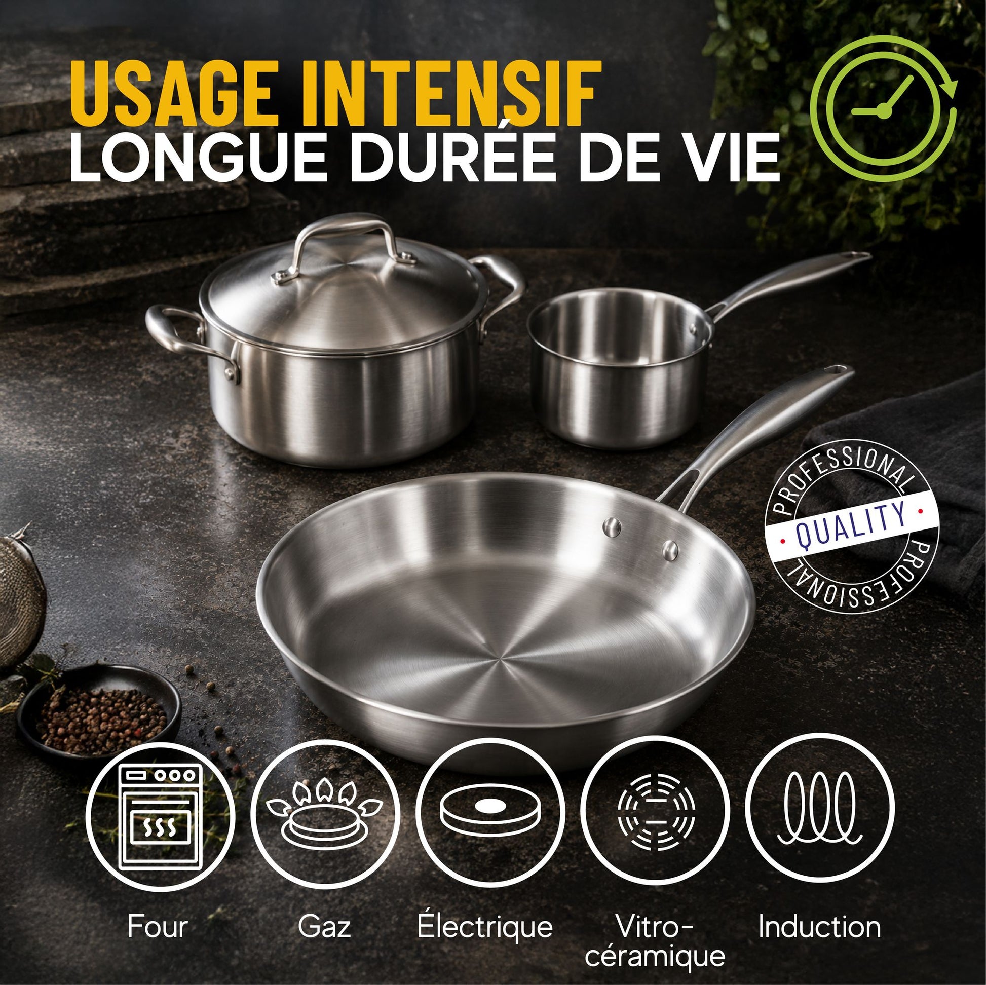 Set de casseroles et poêle Trinox en acier inoxydable triple couche sur plan de travail noir avec pictogrammes compatibilité feux