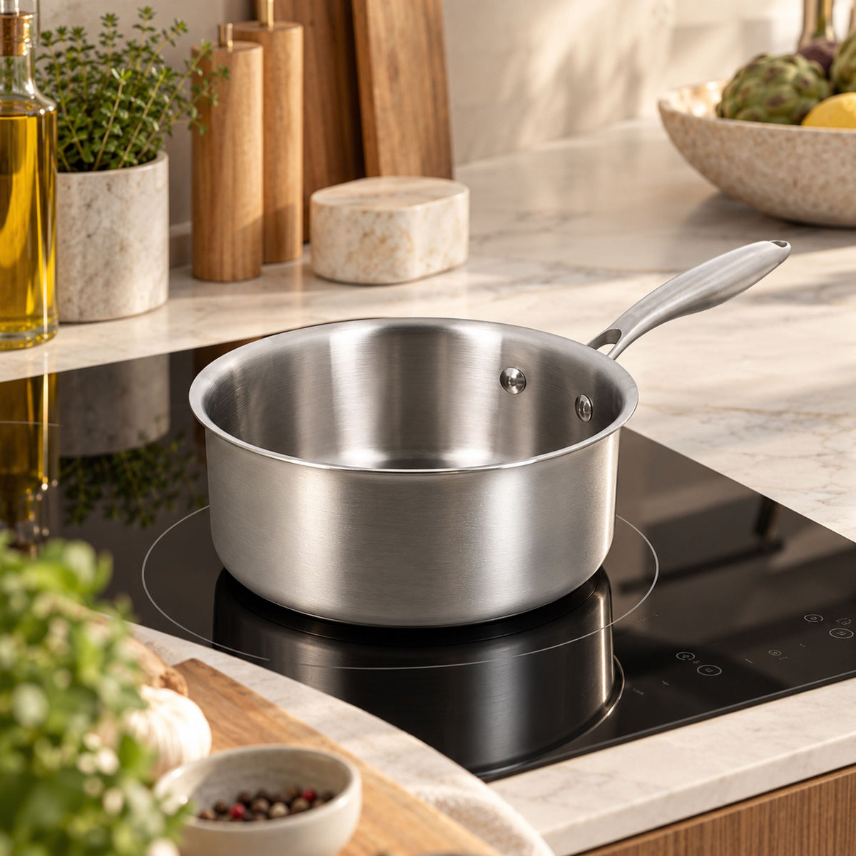 Casserole Trinox 20cm en acier inoxydable sur plaque induction, cuisine moderne avec plan de travail marbre