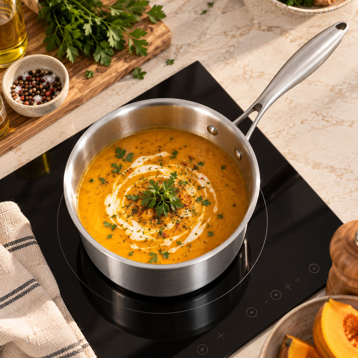 Casserole Trinox 20cm en inox sur plaque induction avec soupe de courge garnie de crème et persil