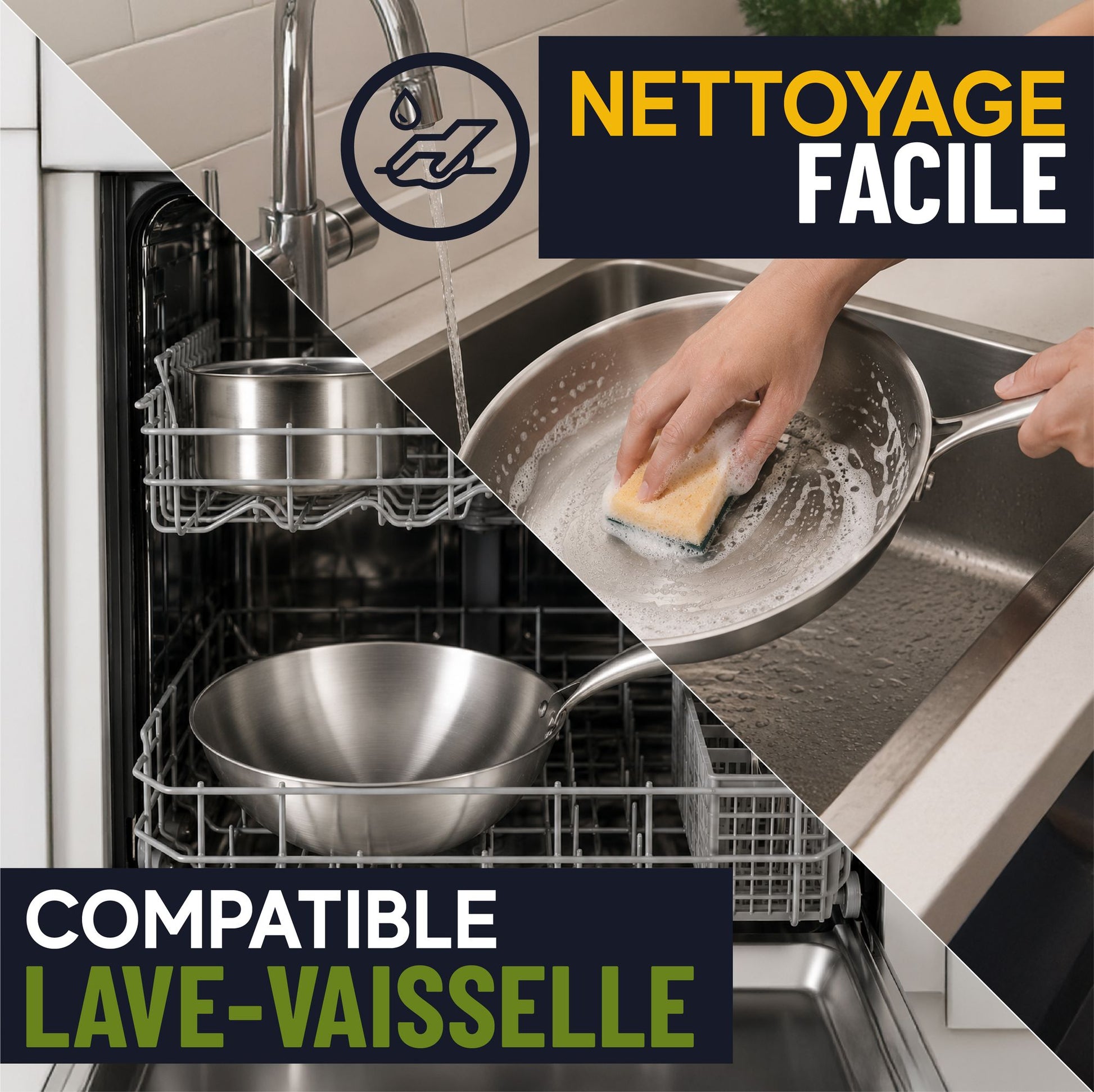 Faitout Trinox compatible lave-vaisselle, nettoyage facile à la main sous l'eau avec éponge
