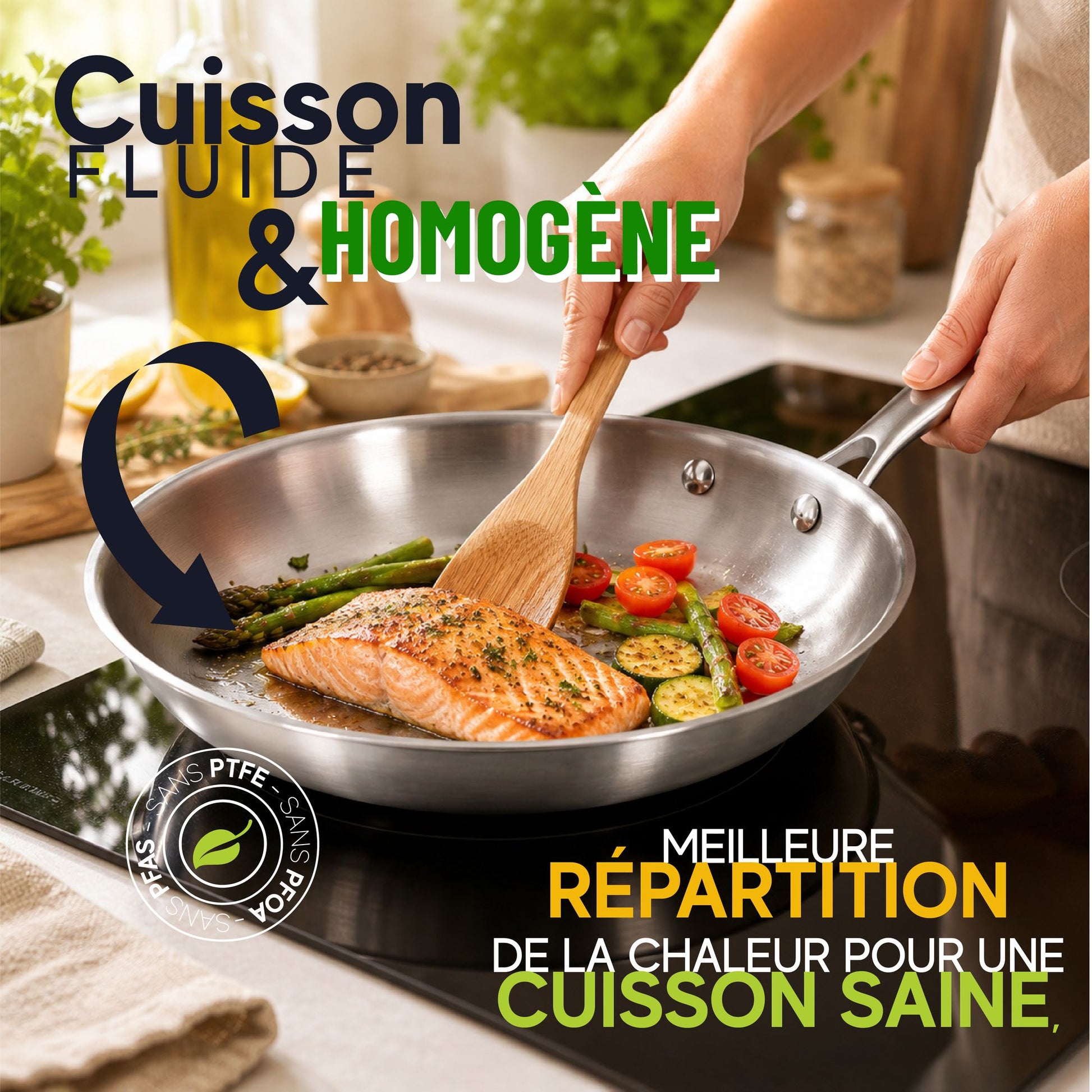 Poêle Trinox en acier inoxydable avec saumon et légumes grillés, cuisson fluide et homogène