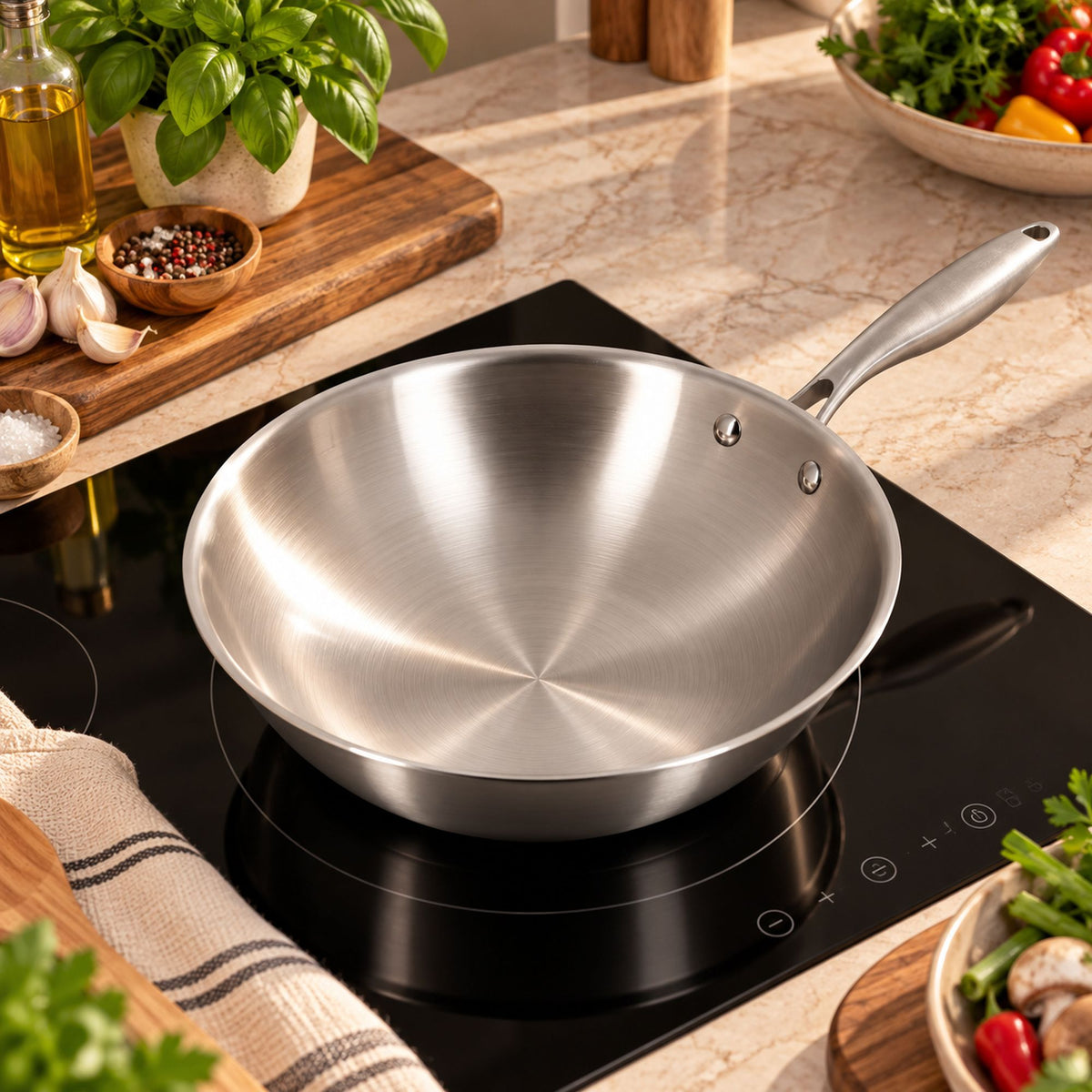 Wok Trinox 28cm en inox triple couche sur plaque induction, cuisine moderne avec herbes aromatiques