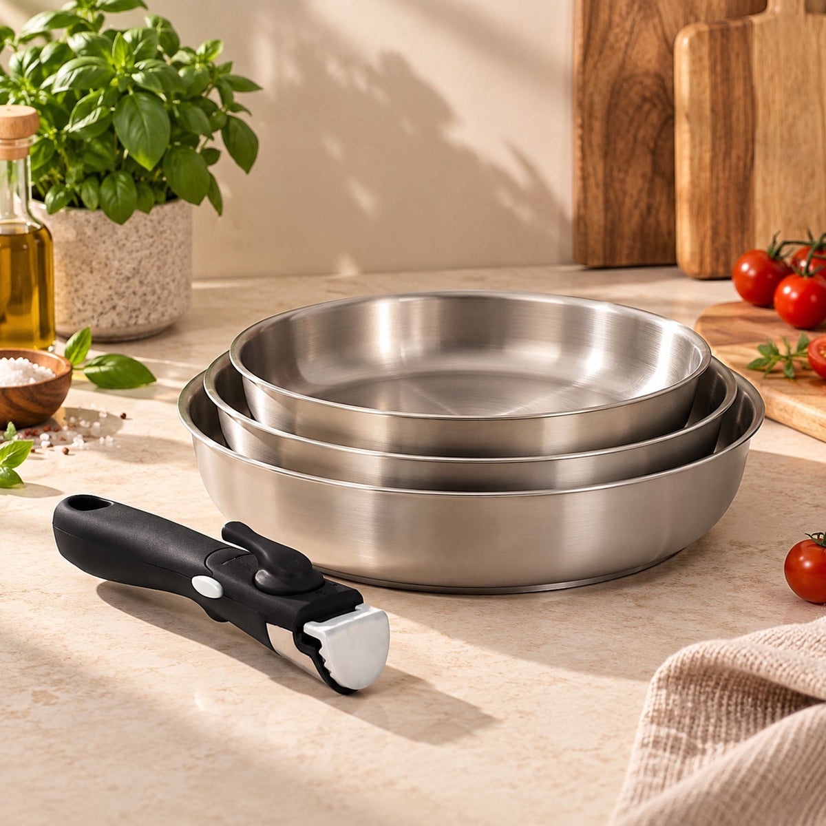 Set de 3 poêles Iris Inox empilées 20/24/28 cm avec poignée amovible noire, ambiance cuisine lumineuse