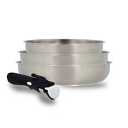 Set de 3 poêles Iris Inox Menastyl empilées avec poignée amovible noire, acier inoxydable brossé