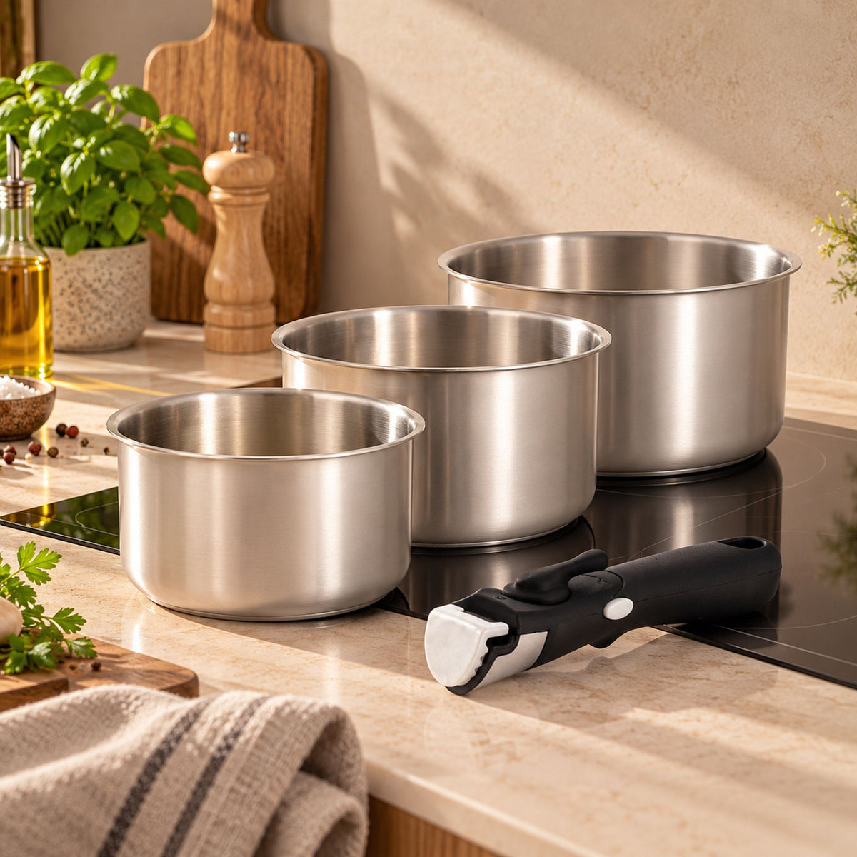 Set de 3 casseroles Iris Inox en acier inoxydable avec poignée amovible noire, disposées par taille croissante sur plan de travail cuisine