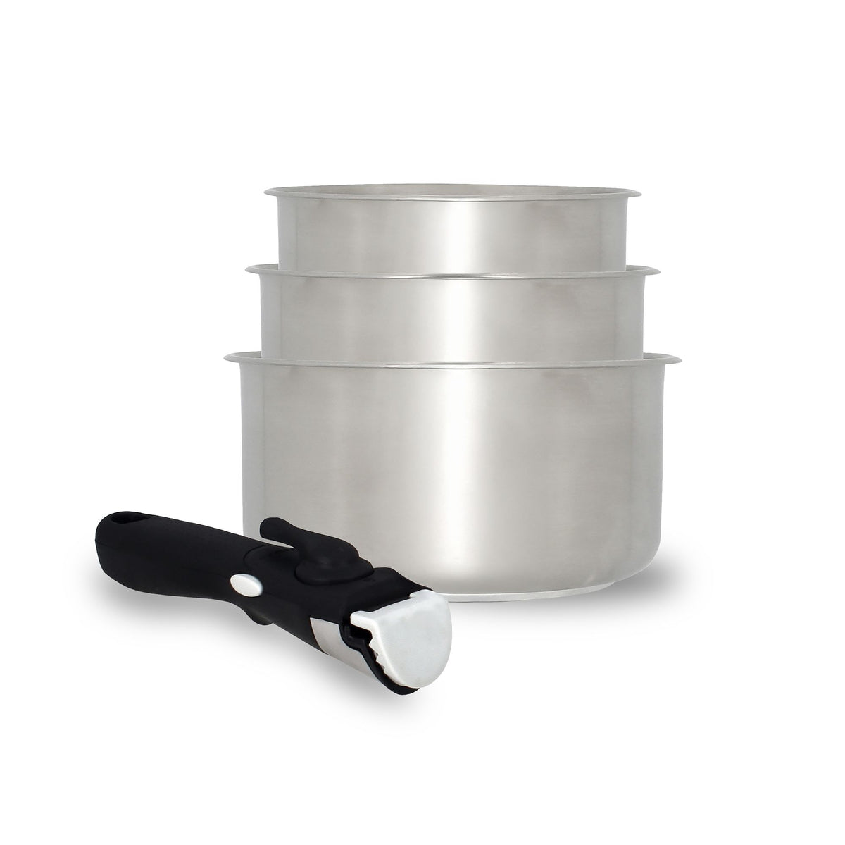 Lot de 3 casseroles Iris Inox Menastyl 16/18/20 cm empilées avec poignée amovible noire, vue de face sur fond blanc