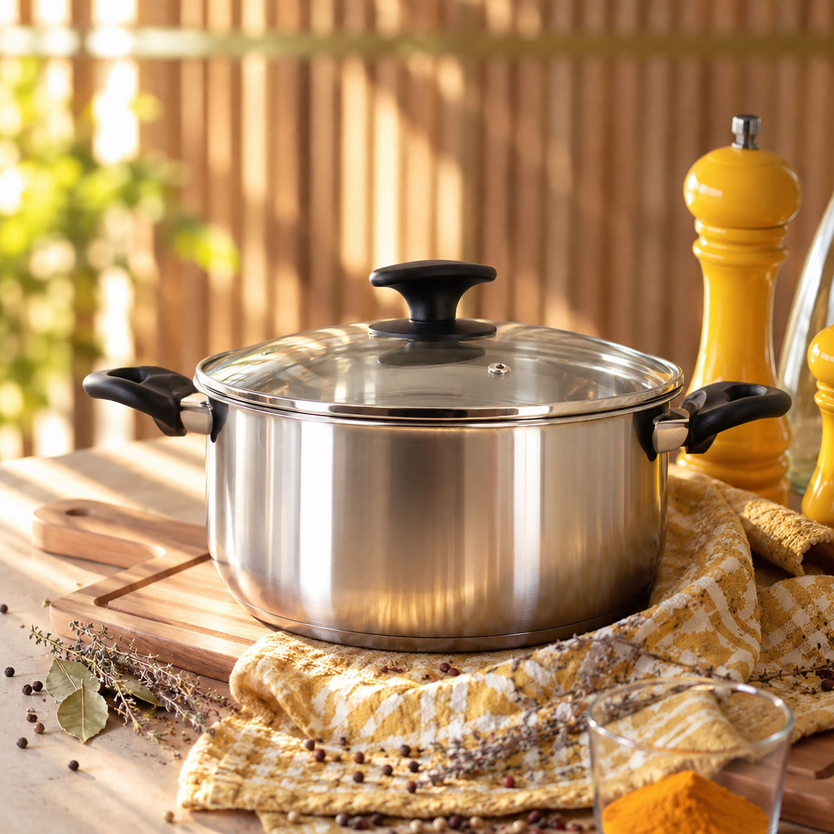 Faitout First 20 cm en acier inoxydable avec couvercle en verre, posé sur planche bois avec accessoires de cuisine