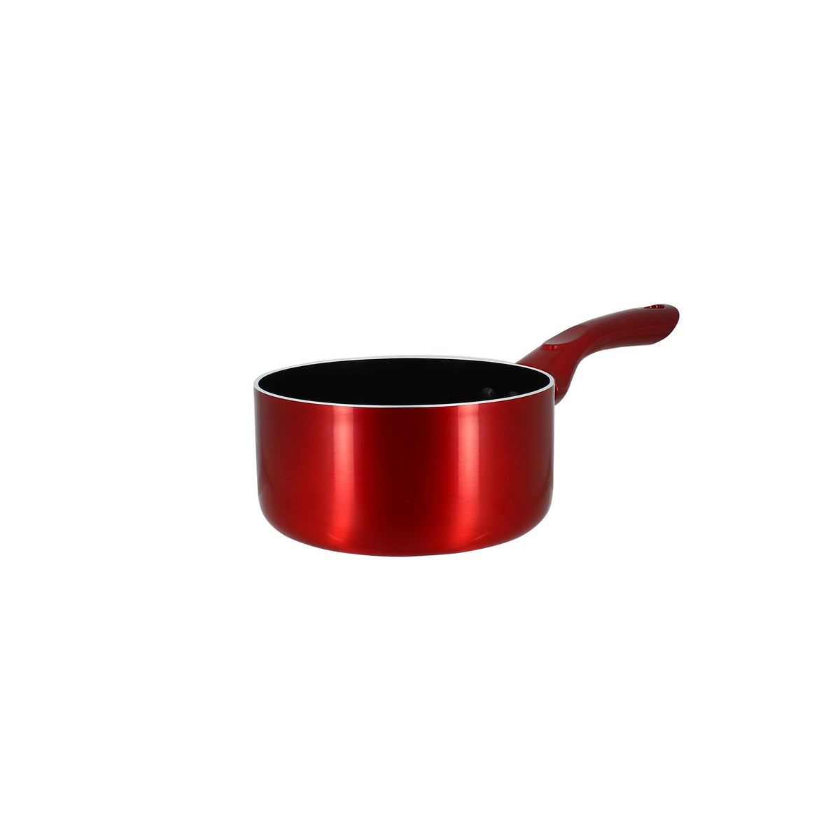 Casserole Cerise 14 cm en aluminium rouge métallique Menastyl avec poignée bakélite, vue de face sur fond blanc