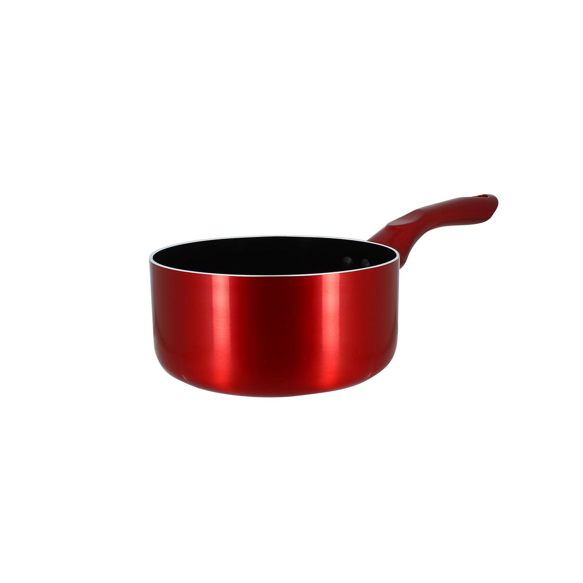 Casserole Cerise 16cm rouge métallisé en aluminium Menastyl, vue de trois quarts avec manche ergonomique et intérieur noir antiadhésif