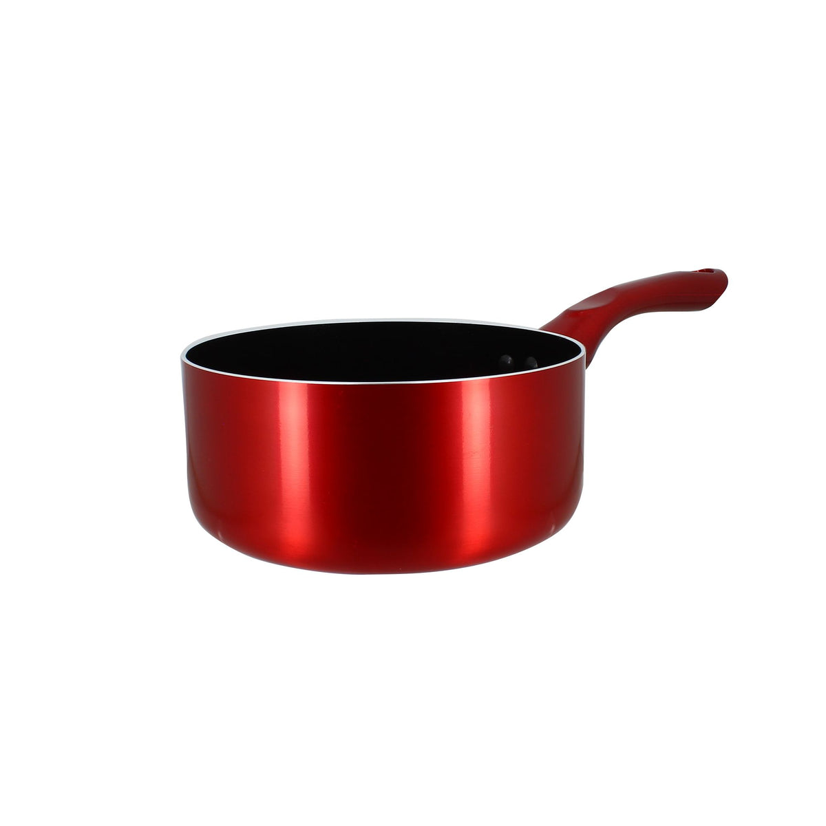 Casserole Cerise 18 cm rouge métallique en aluminium avec poignée bakélite Menastyl, vue de trois-quarts sur fond blanc