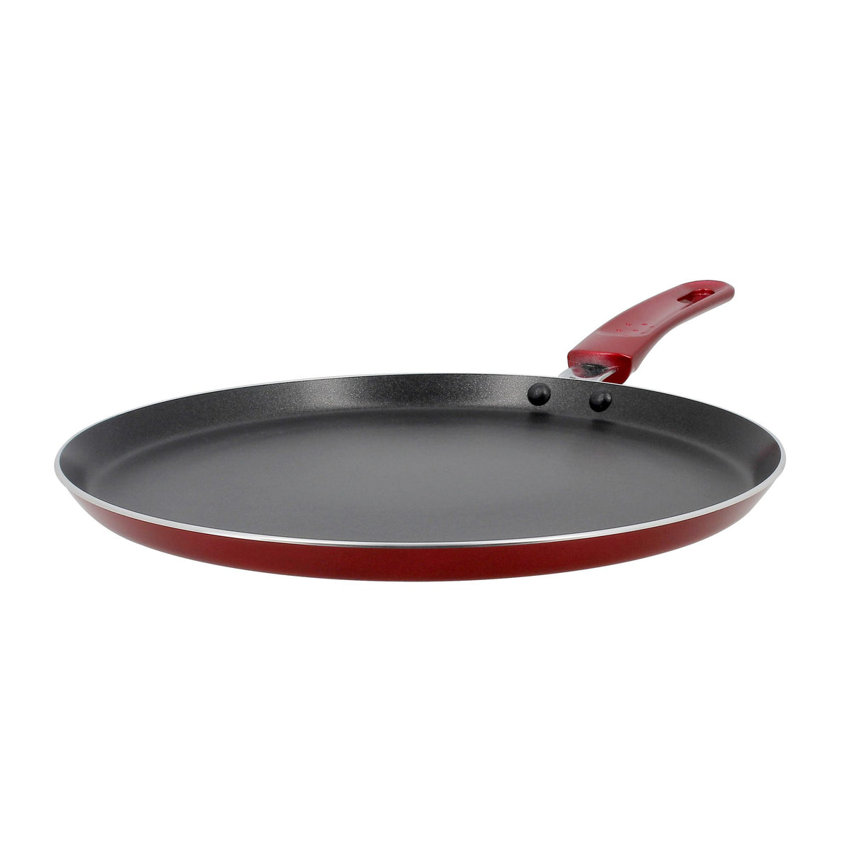 Crêpière Cerise 25 cm Menastyl en aluminium rouge et noir, vue de trois-quarts avec poignée bakélite