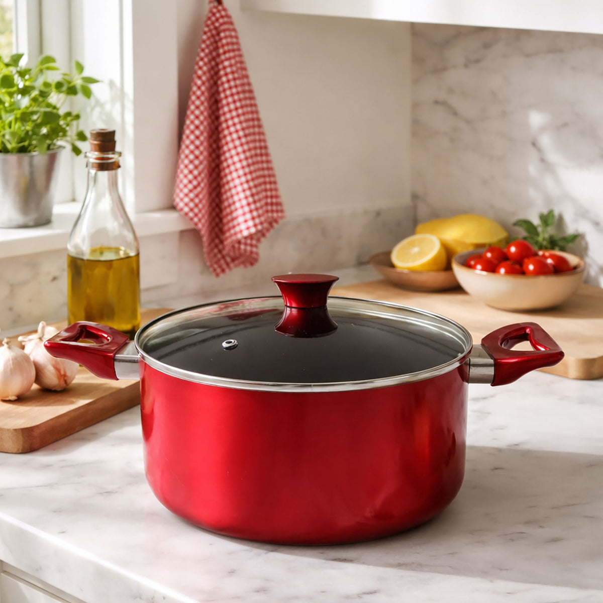 Faitout Cerise 24 cm rouge métallique avec couvercle en verre, posé sur plan de travail en marbre blanc, ambiance cuisine lumineuse