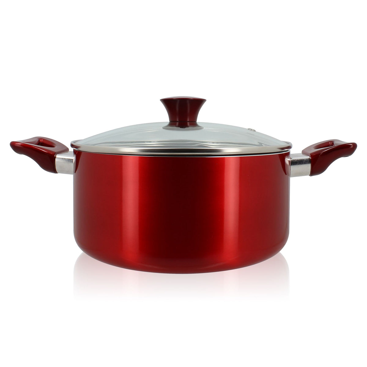 Faitout Cerise 24 cm Menastyl en aluminium rouge métallique avec couvercle en verre et poignées bakélite assorties