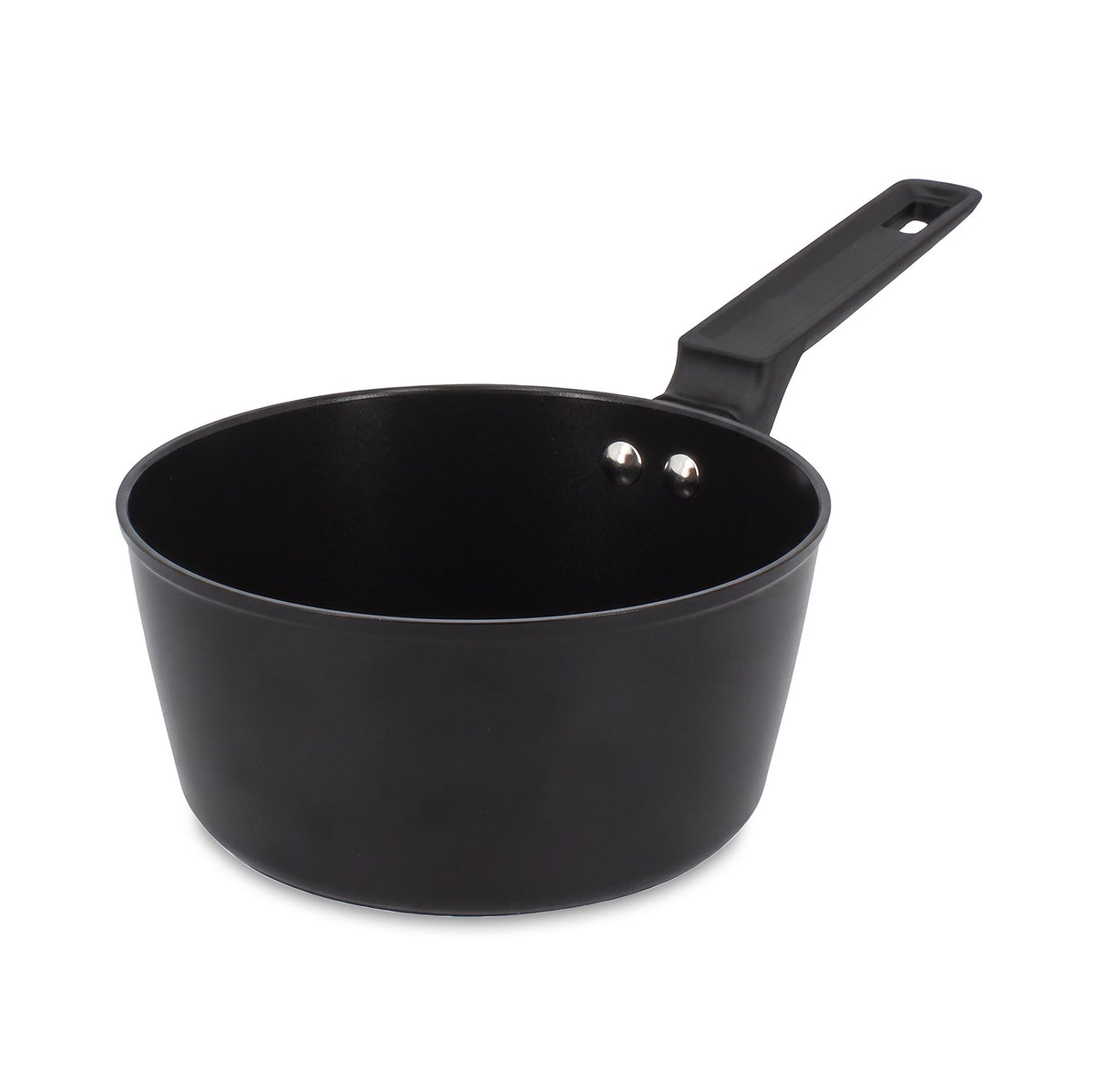 Casserole First 20 cm en aluminium noir Menastyl, vue de trois-quarts avec deux billes métalliques à l'intérieur
