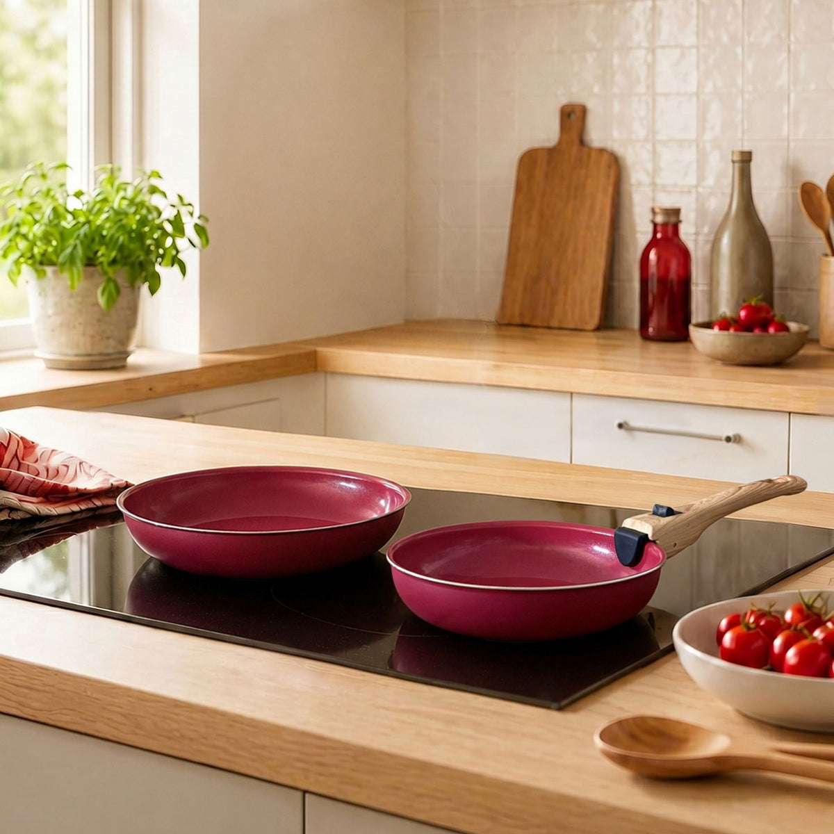 Lot 2 poêles Colorama bordeaux en aluminium recyclé avec poignée amovible, posées sur plaque induction dans cuisine moderne