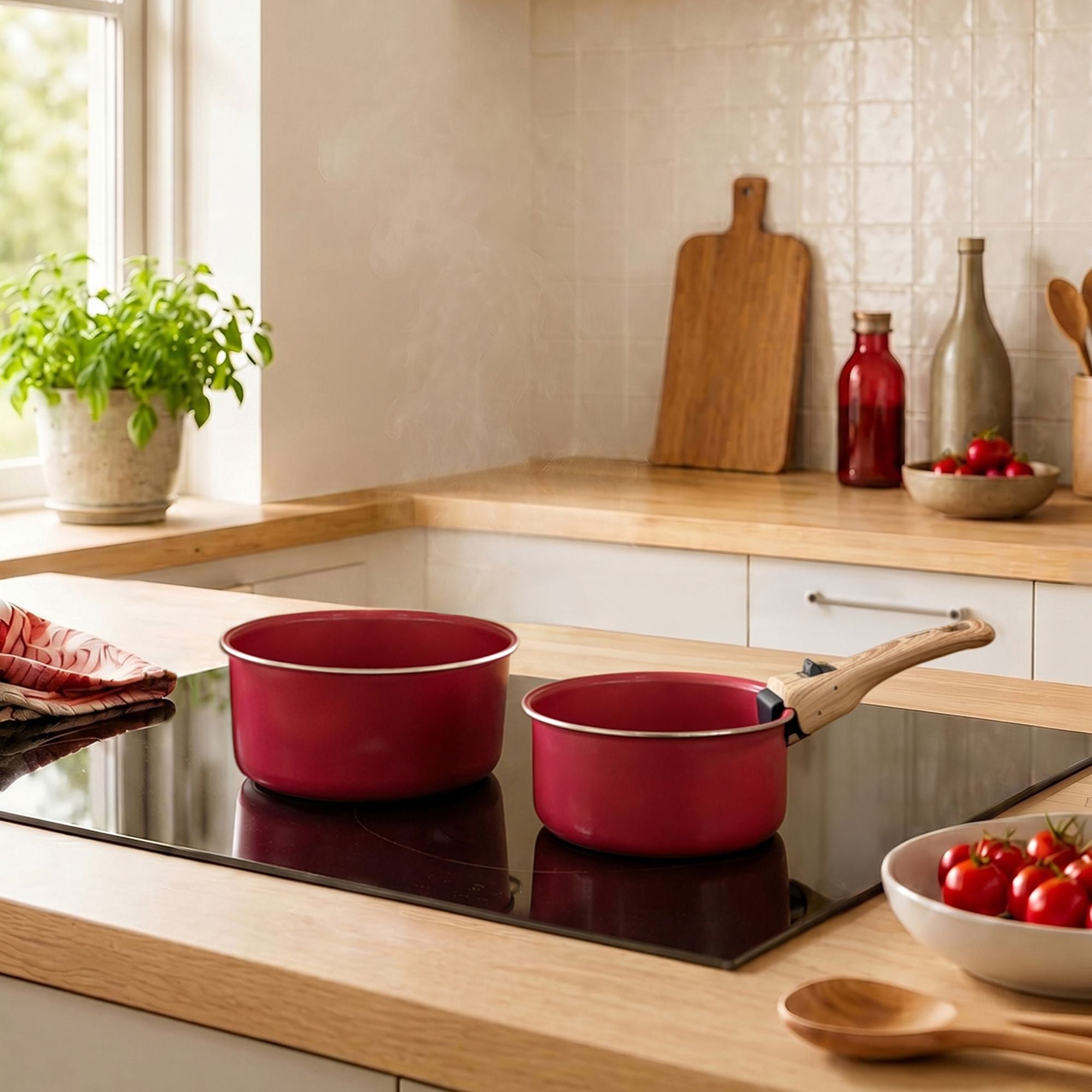 Set 2 casseroles Colorama rouges 16 et 18 cm avec poignée amovible bois sur plaque induction
