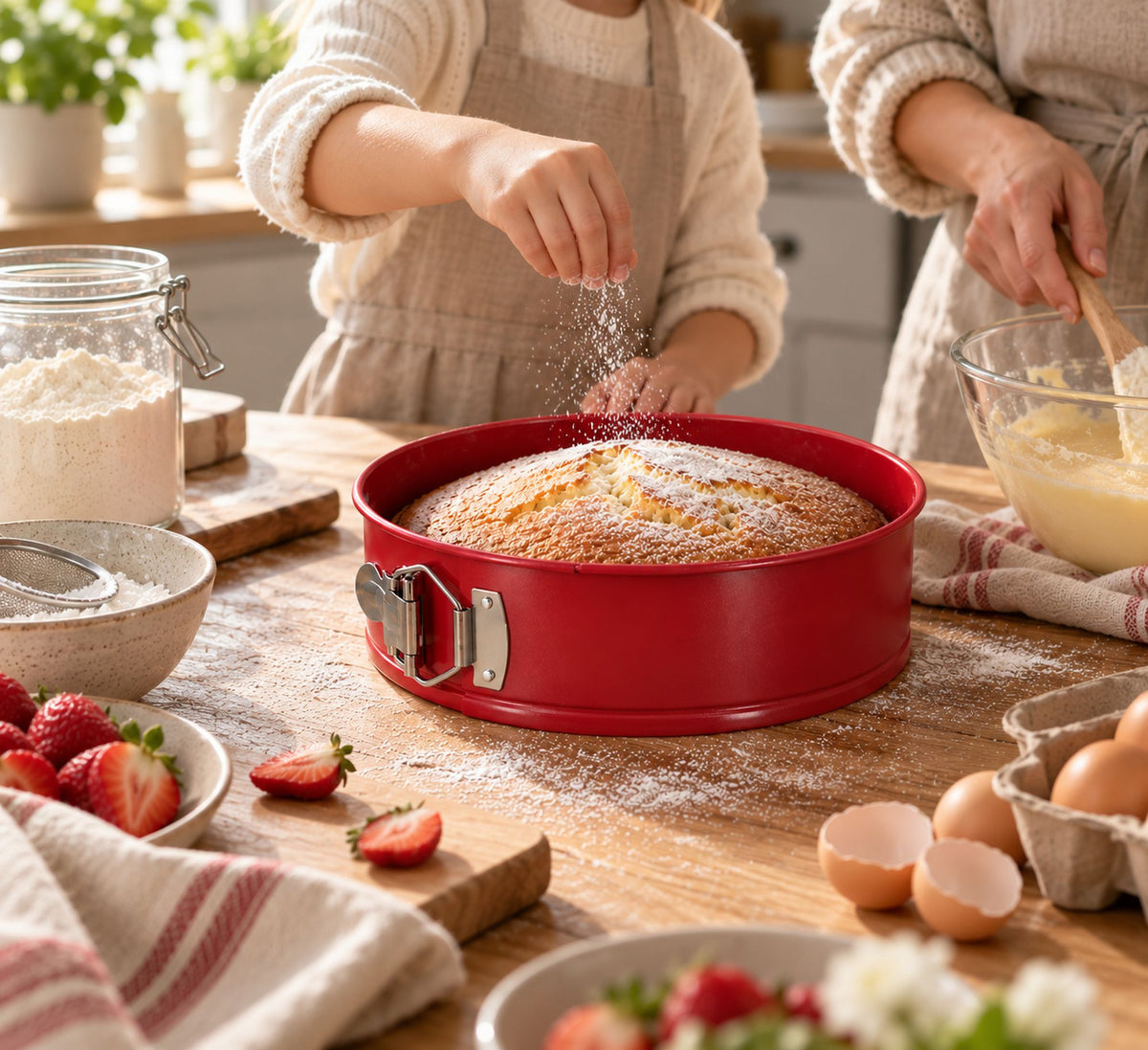 Moule à charnière Colorama rouge 22 cm avec gâteau doré saupoudré de sucre glace, vue détaillée en situation