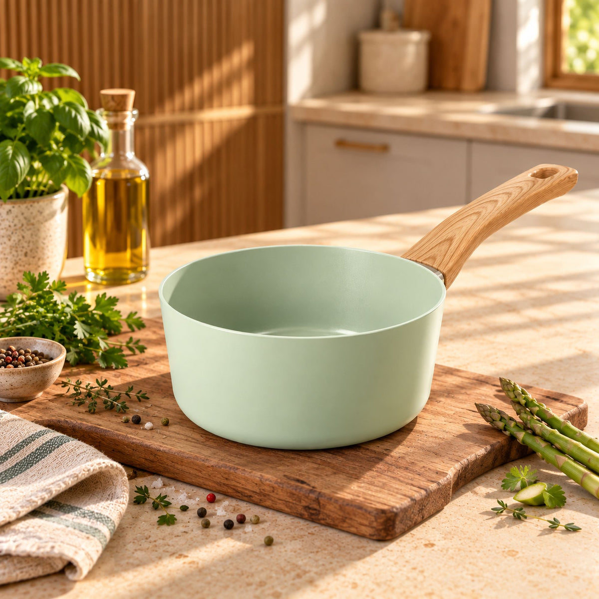 Casserole Colorama 18 cm vert pastel avec manche bois sur planche, décor cuisine naturelle avec herbes et huile