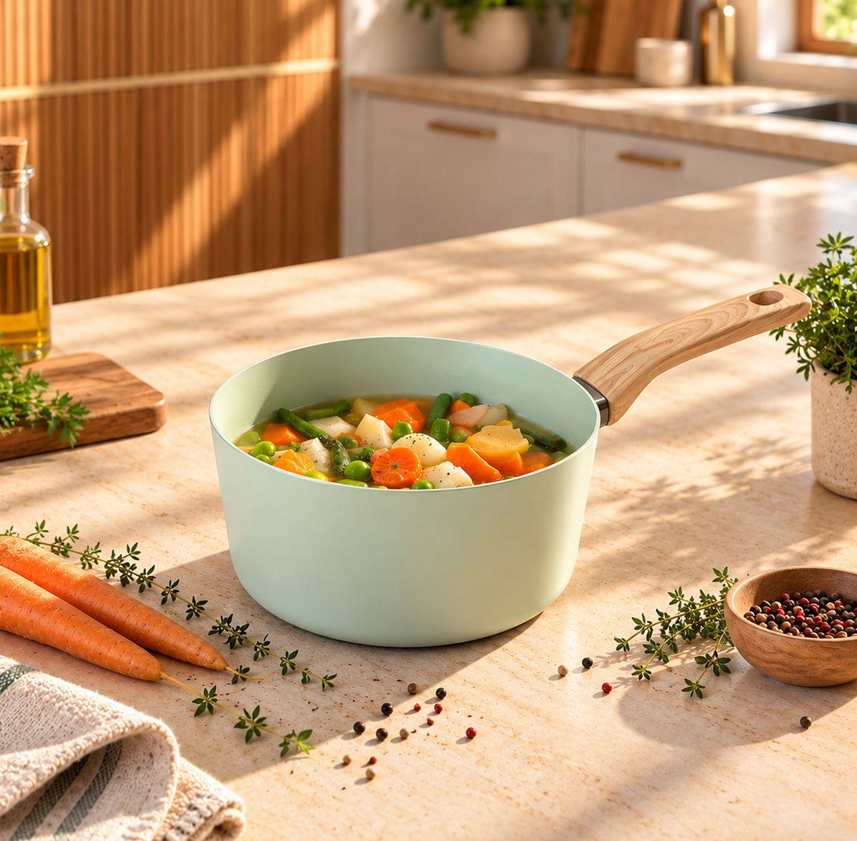 Casserole Colorama 20 cm vert pastel avec légumes mijotés, manche bois, sur plan de travail ensoleillé