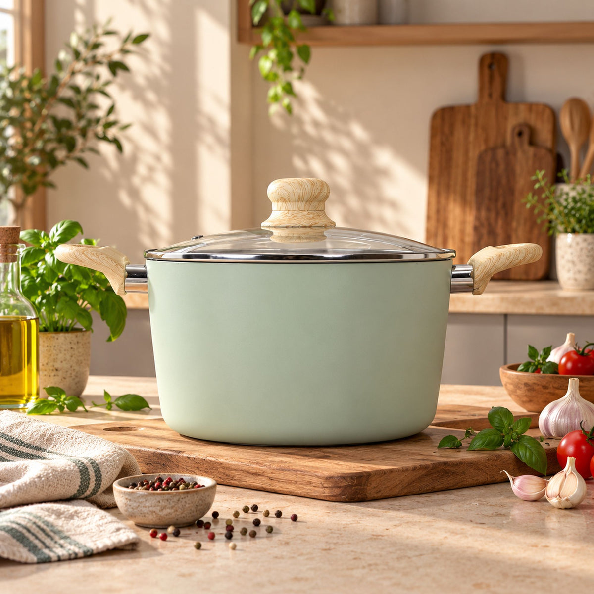 Faitout Colorama 20 cm vert d'eau avec couvercle en verre et poignées bois, posé sur planche en bois dans cuisine lumineuse