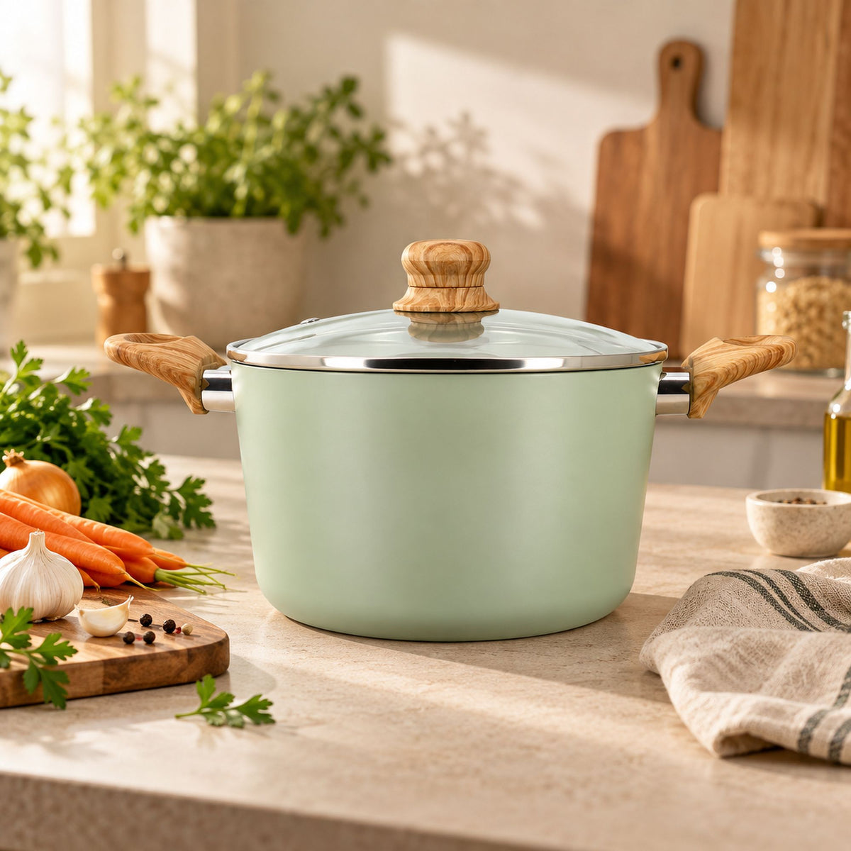 Faitout Colorama 24 cm vert pastel avec couvercle en verre et poignées bois, posé sur plan de travail cuisine