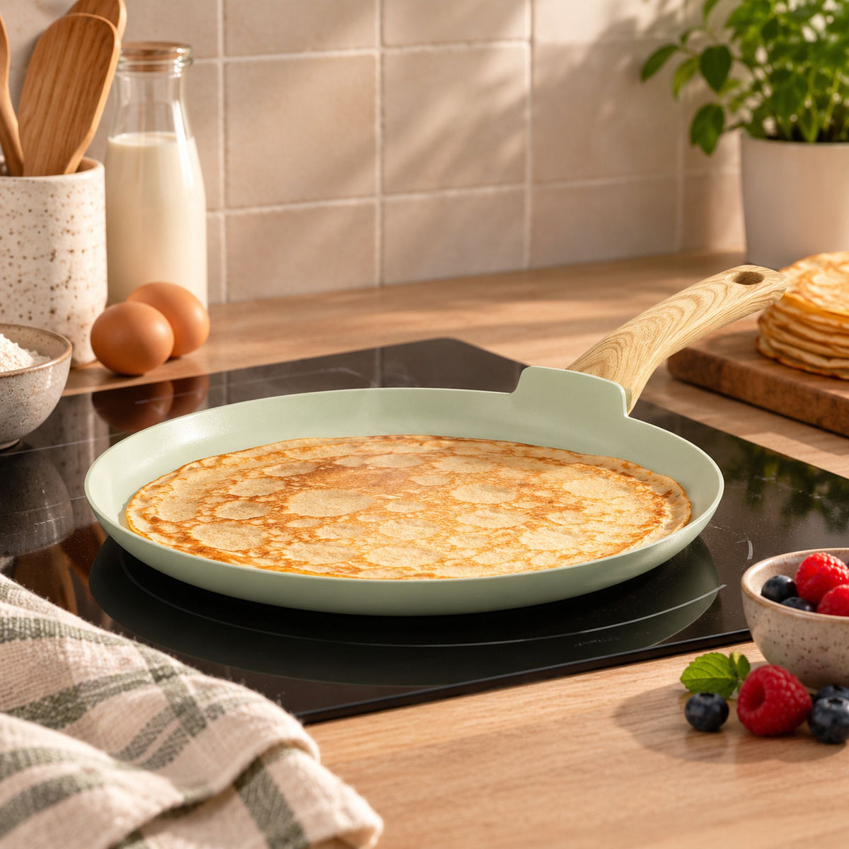 Crêpière Colorama 26 cm vert sauge avec manche bois sur plaque induction, crêpe dorée à l'intérieur
