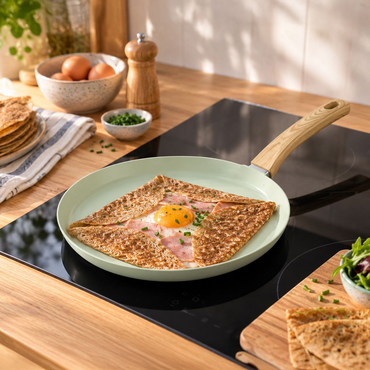 Galetière Colorama 32 cm vert pastel sur plaque induction avec crêpe complète jambon-œuf